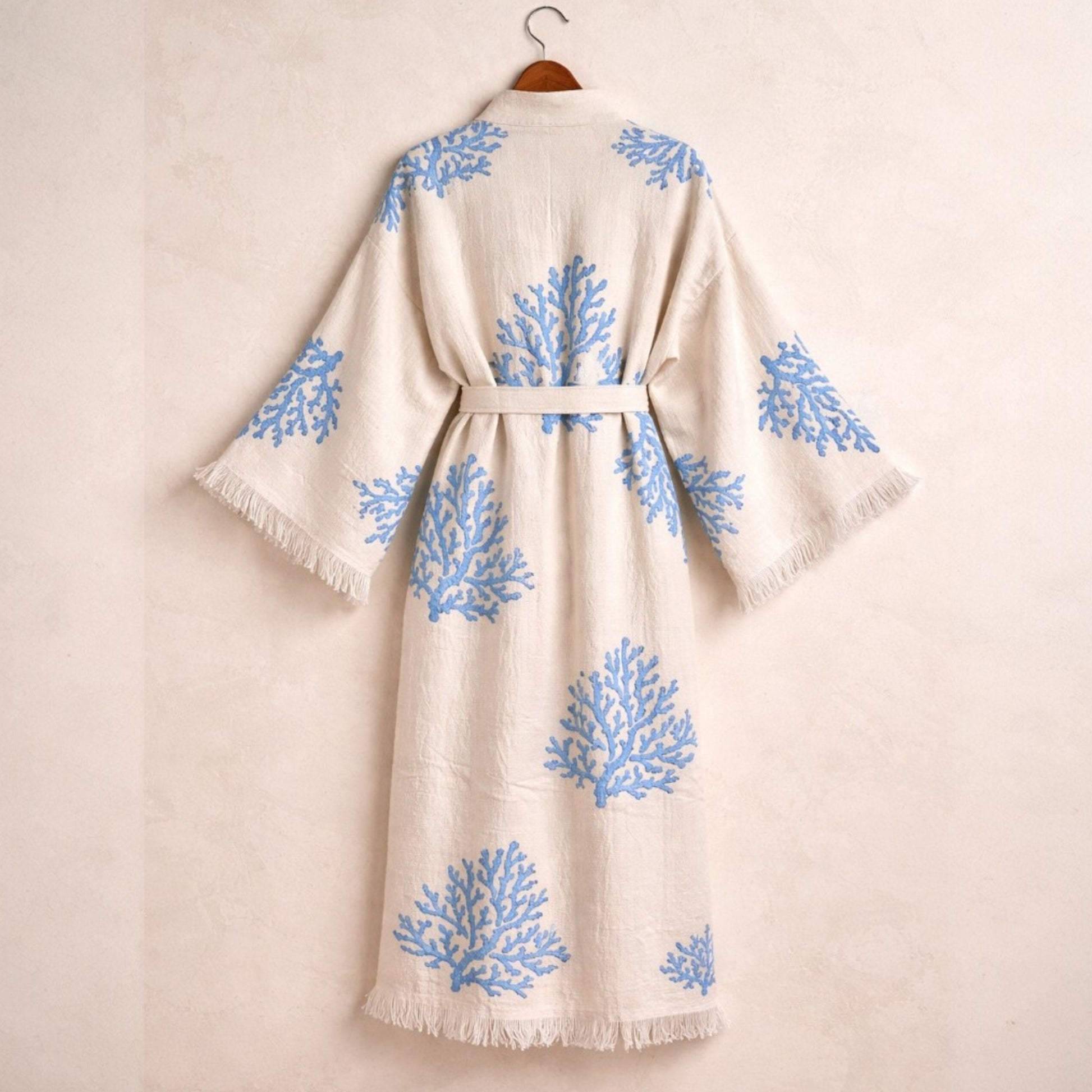 Hand-Woven Natural Cotton Blue Coral Kimono