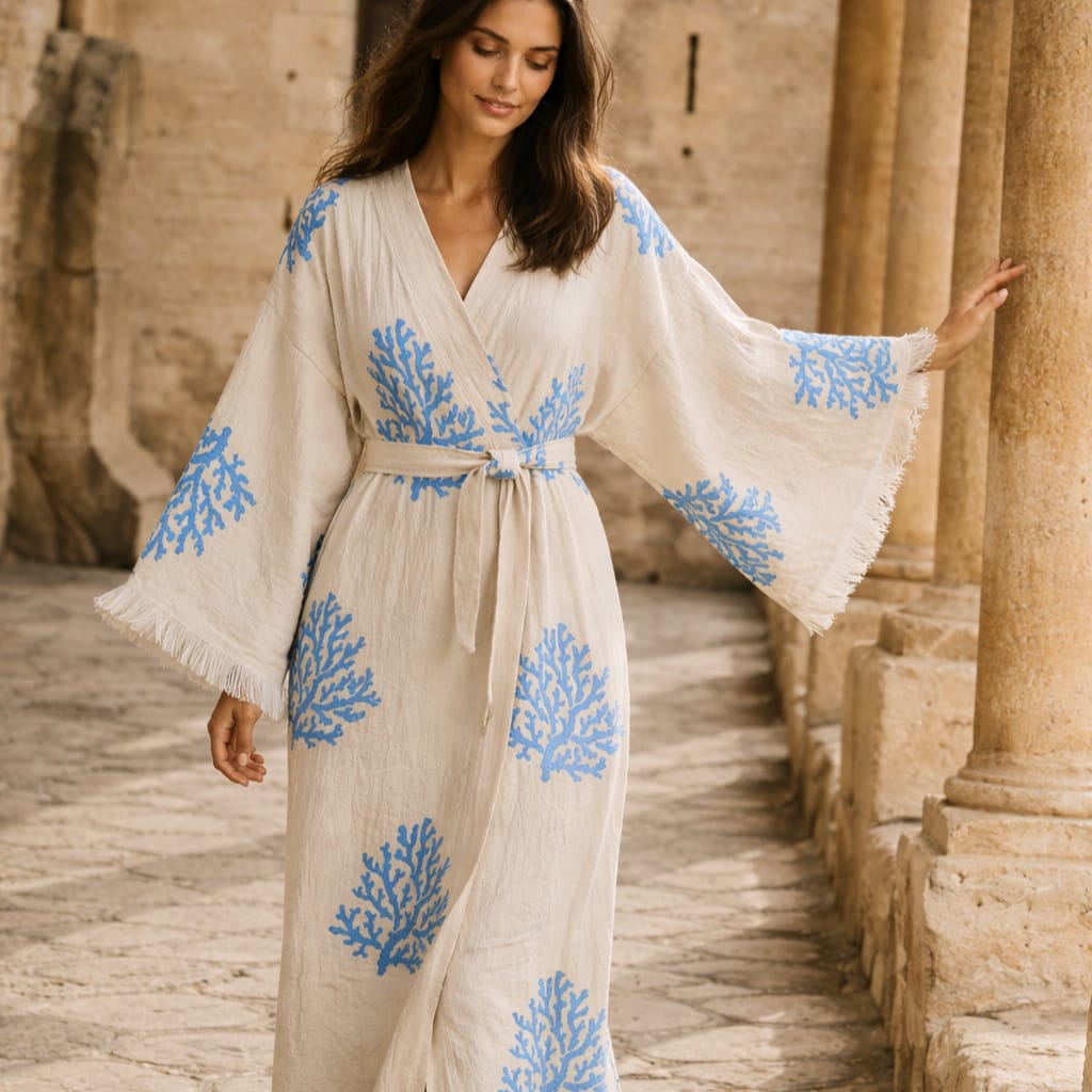 Woman wearing a Hand-Woven Natural Cotton Blue Coral Kimono in an ancient ruin setting.