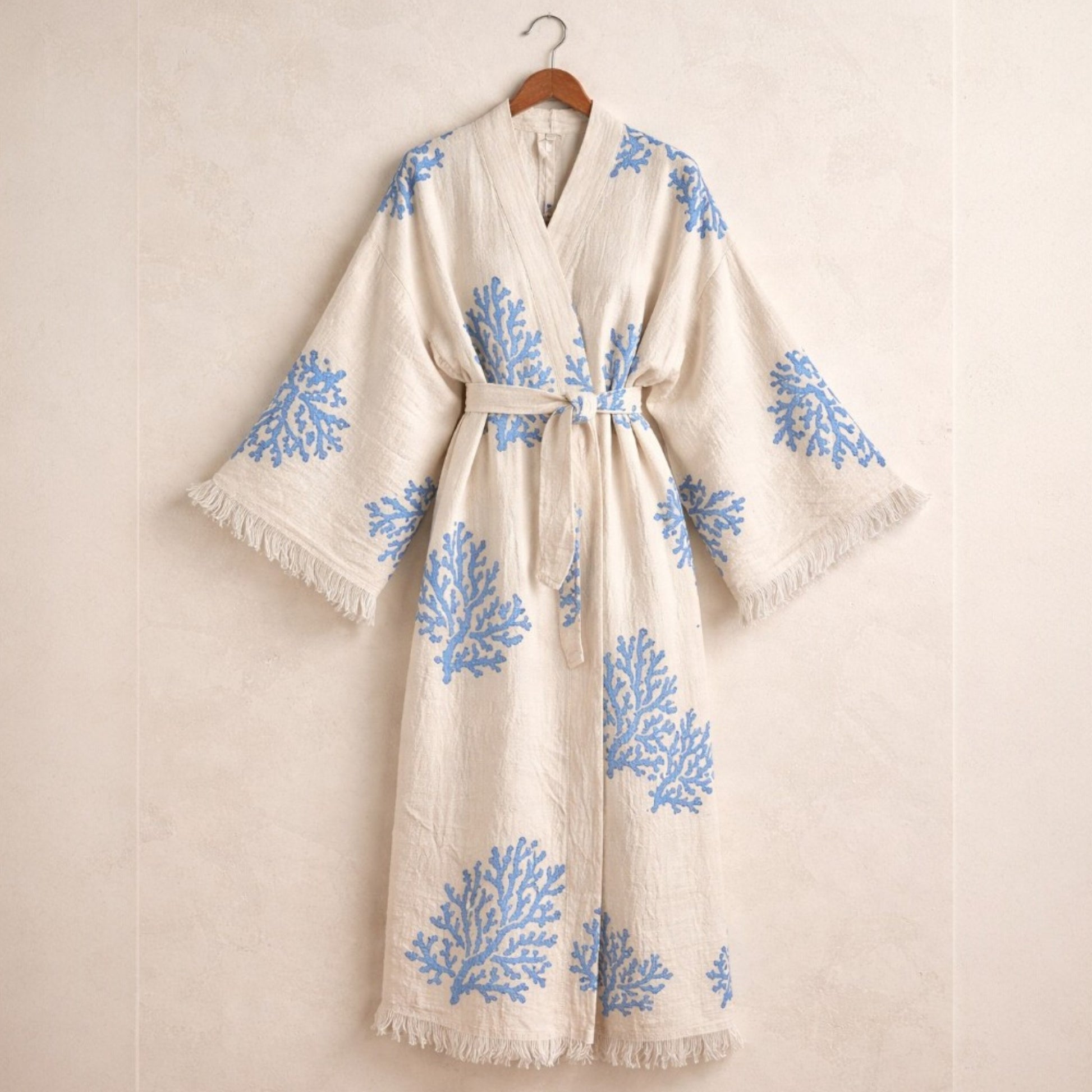 Hand-Woven Natural Cotton Blue Coral Kimono