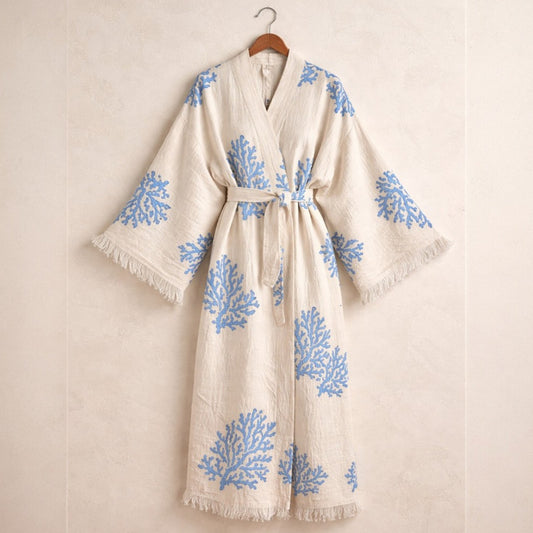 Hand-Woven Natural Cotton Blue Coral Kimono