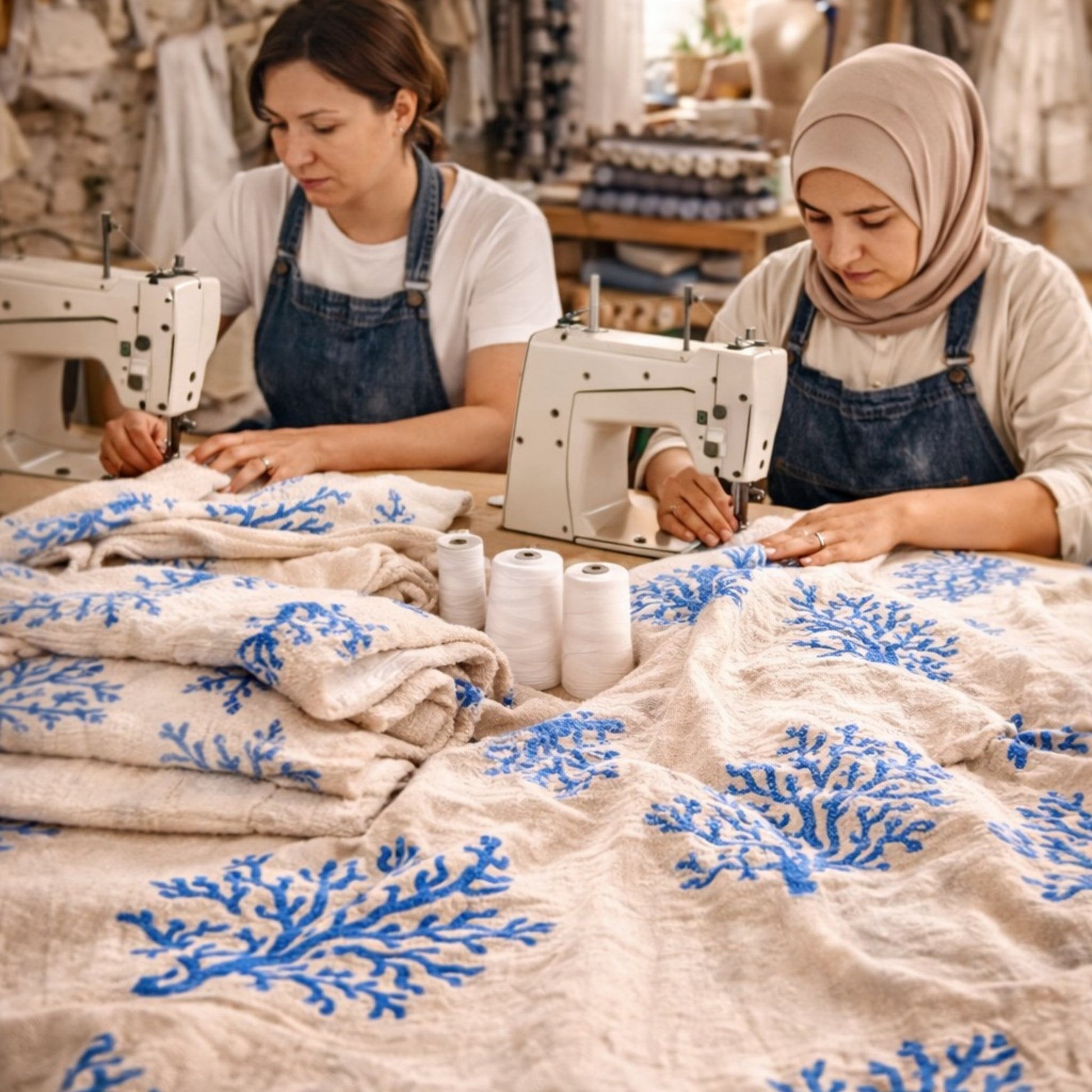 Two women working on Hand-Woven Natural Cotton Blue Coral Kimono fabric with sewing machines in a workshop.