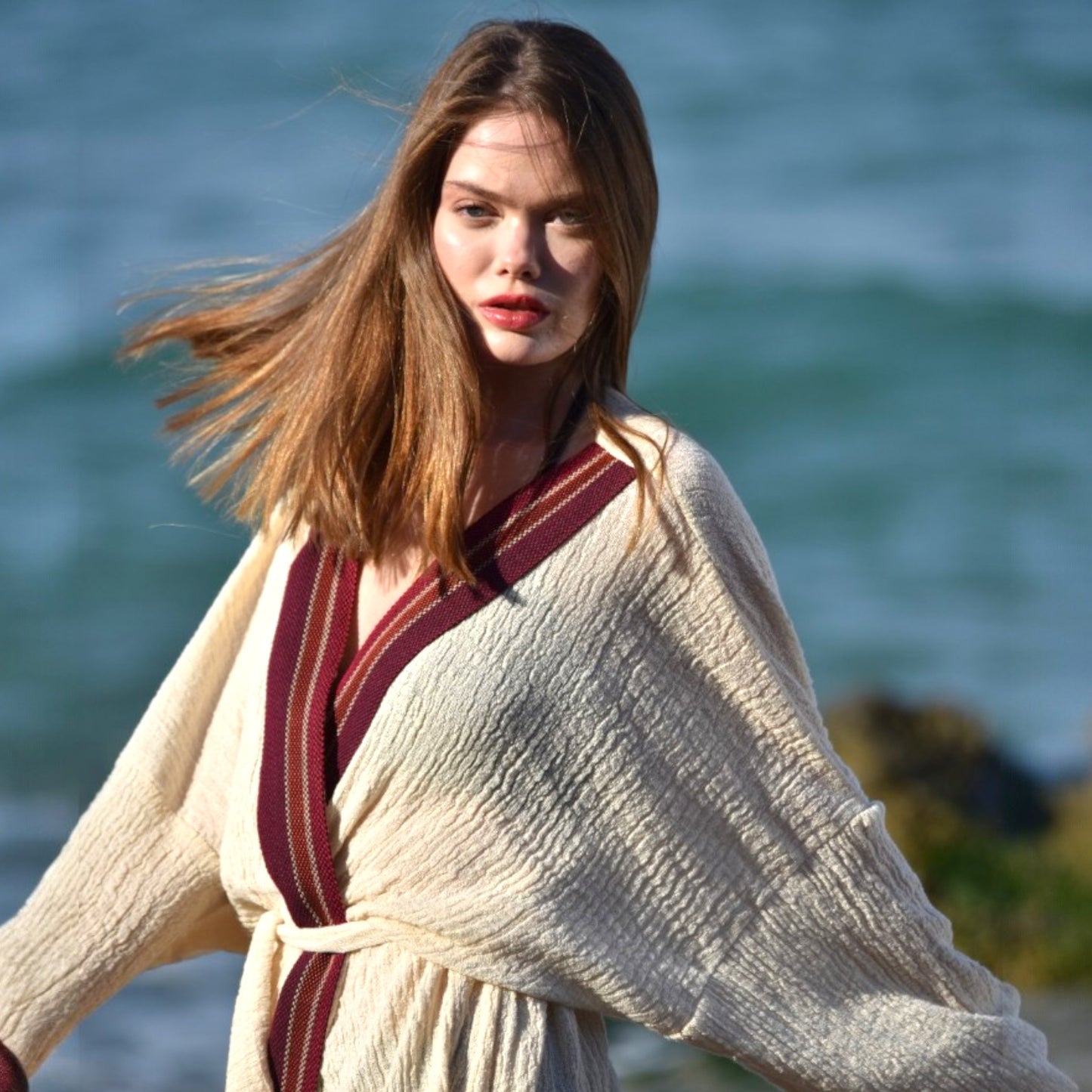 Hand Made, Hand Woven Curly Yarn Fabric Kimono Kaftan