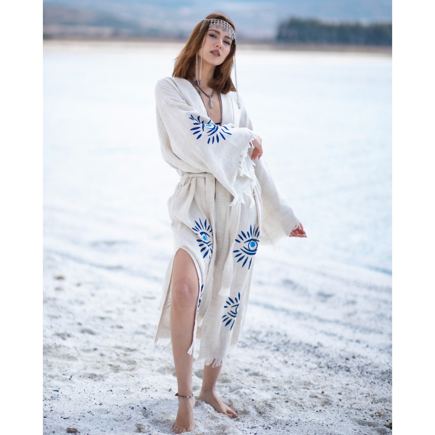 Hand Woven Linen Turkish Evil Eye Nazar Kimono Robe