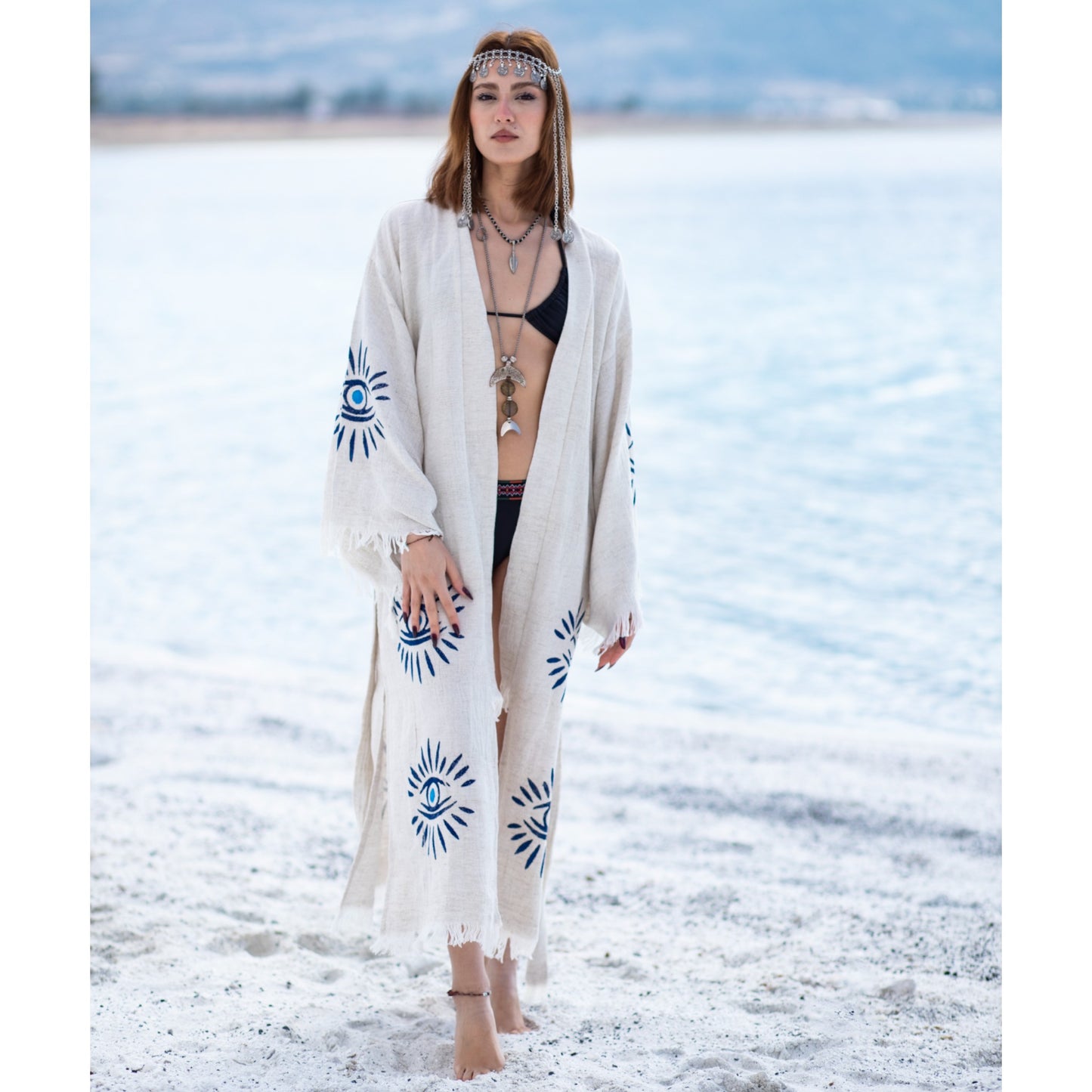 Hand Woven Linen Turkish Evil Eye Nazar Kimono Robe