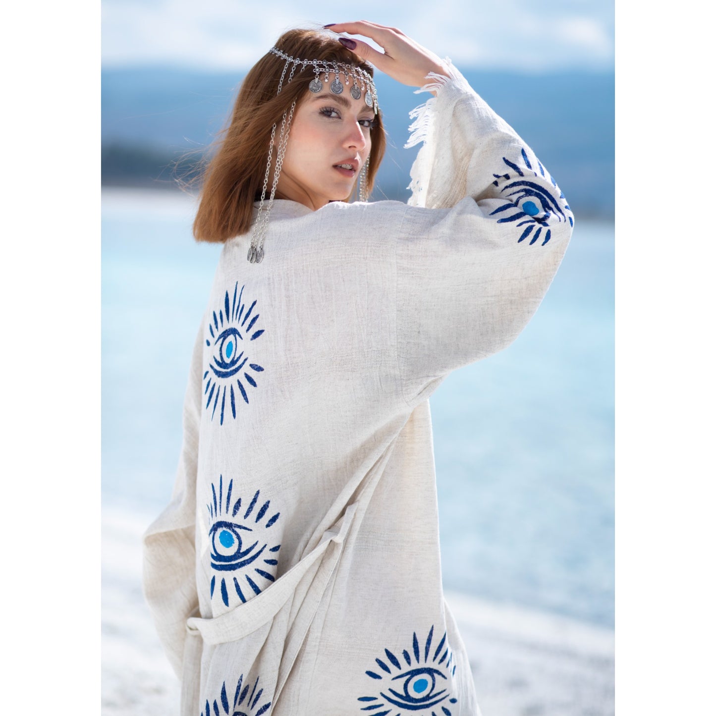 Hand Woven Linen Turkish Evil Eye Nazar Kimono Robe