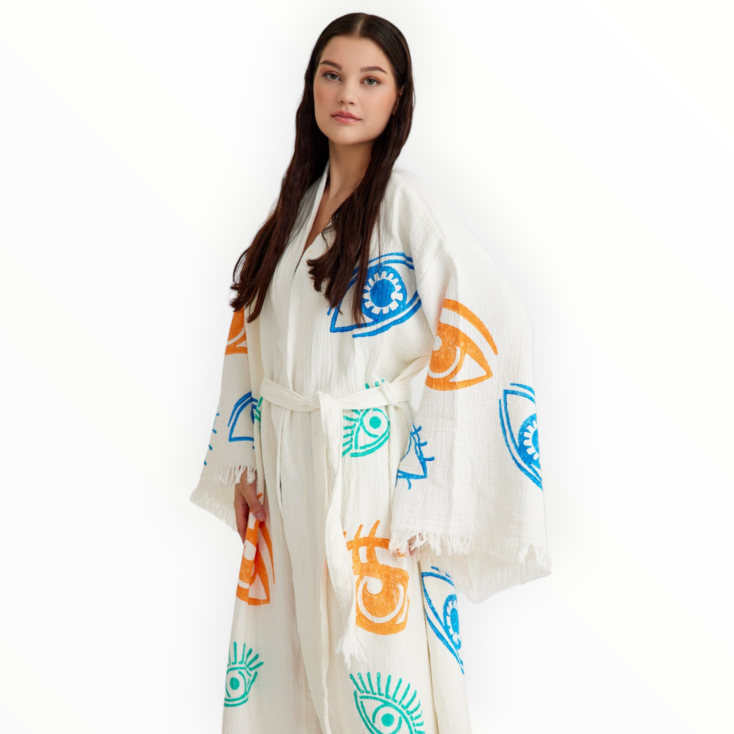 Handmade 100% Natural Turkish Cotton Kimono with Muslin Fabric and Evil Eye