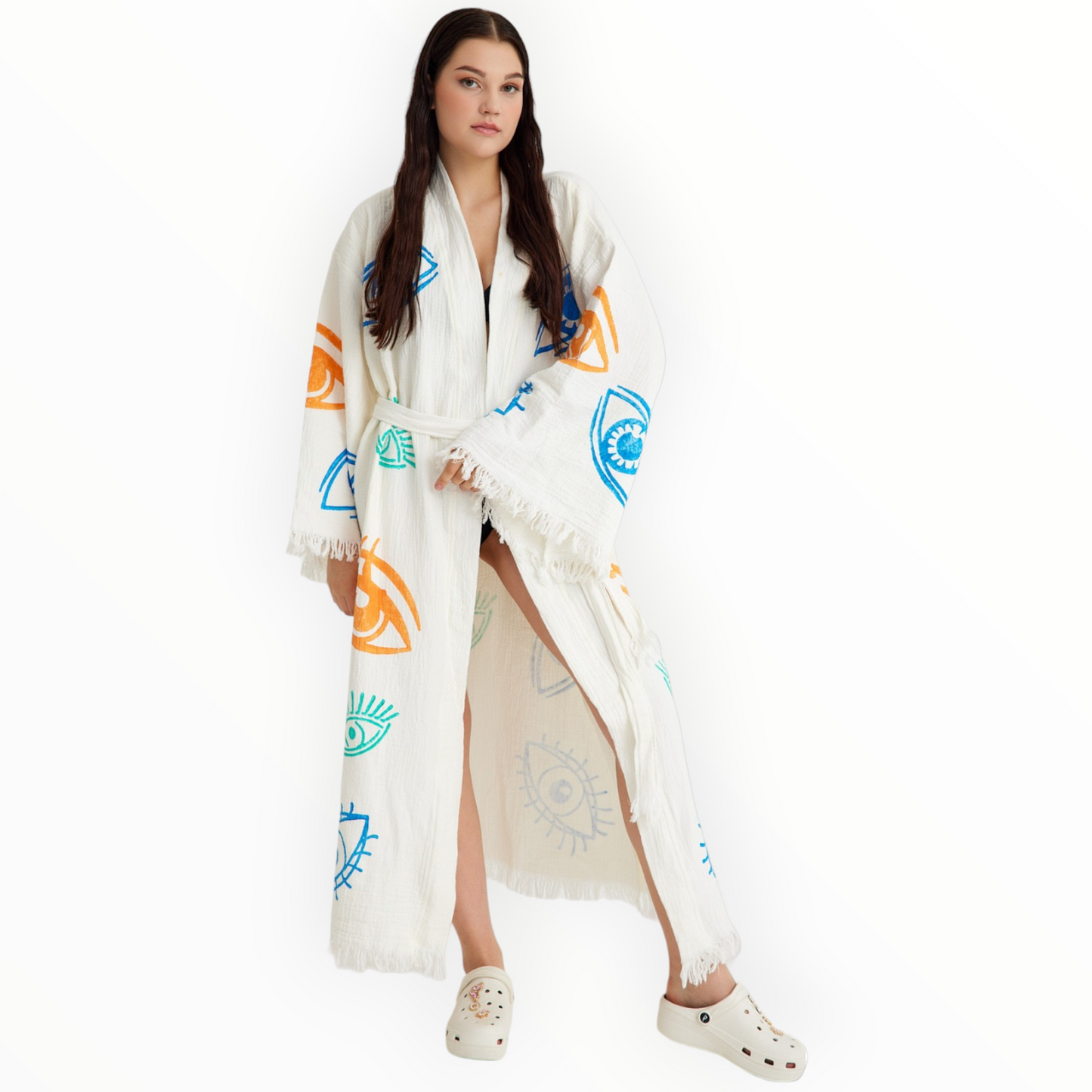 Handmade 100% Natural Turkish Cotton Kimono with Muslin Fabric and Evil Eye