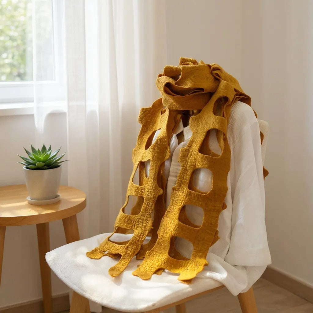 Handmade felted wool shawl/scarf in golden yellow, displayed on a chair  with cut-out design, soft textured fabric, 35x95 cm
