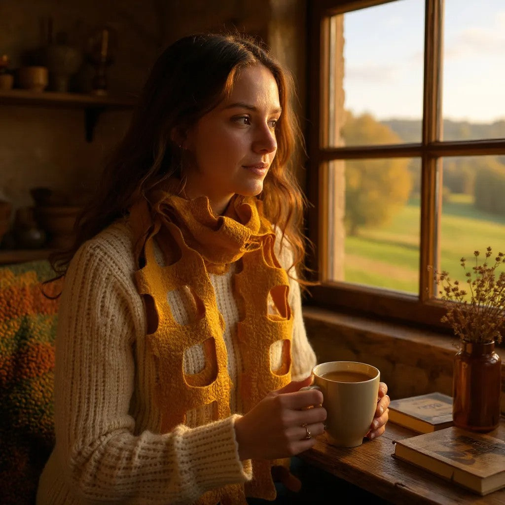 Handmade Felted Wool Shawl – Indigo & Golden Yellow