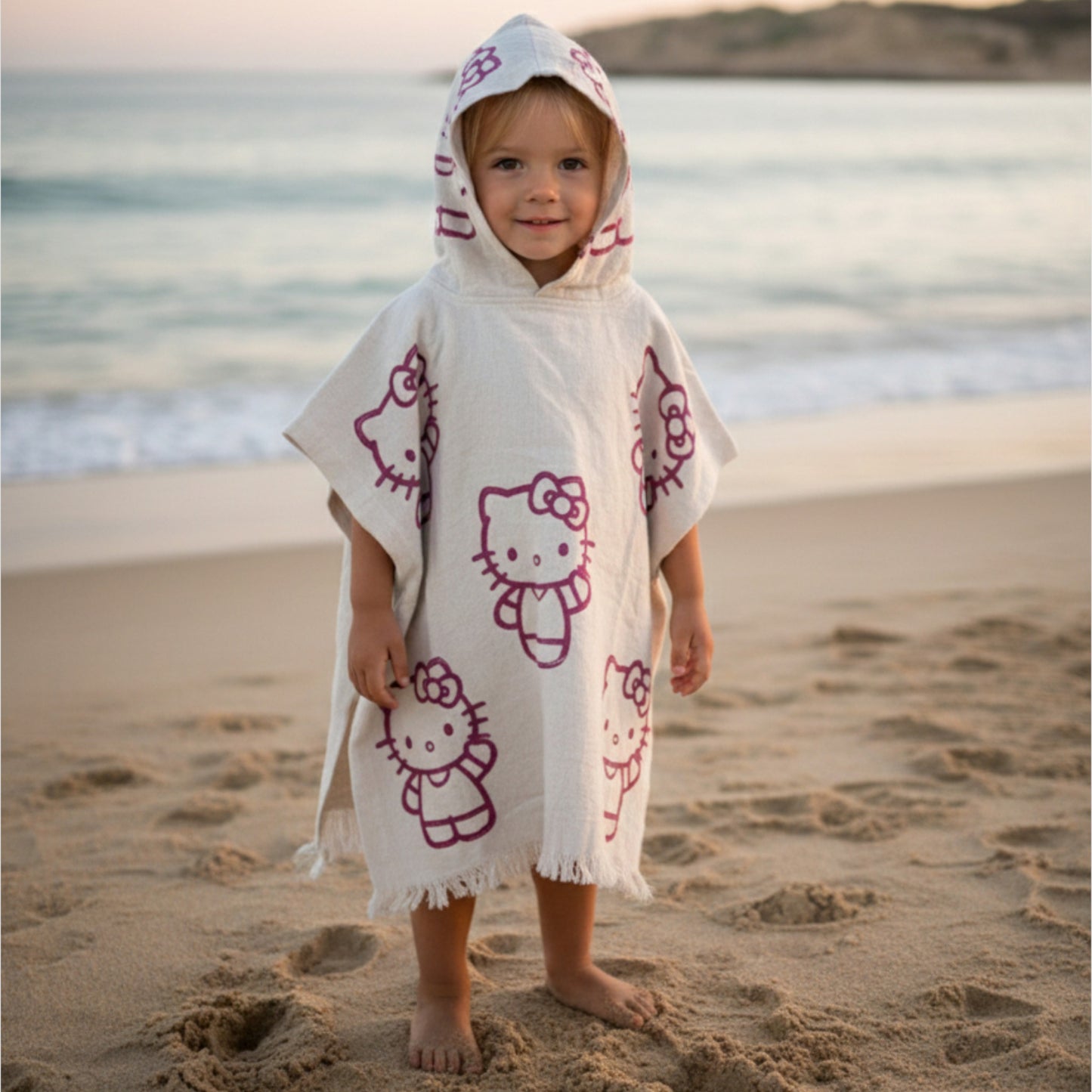 Handmade Natural Cotton Kids Poncho – Hello Kitty Design