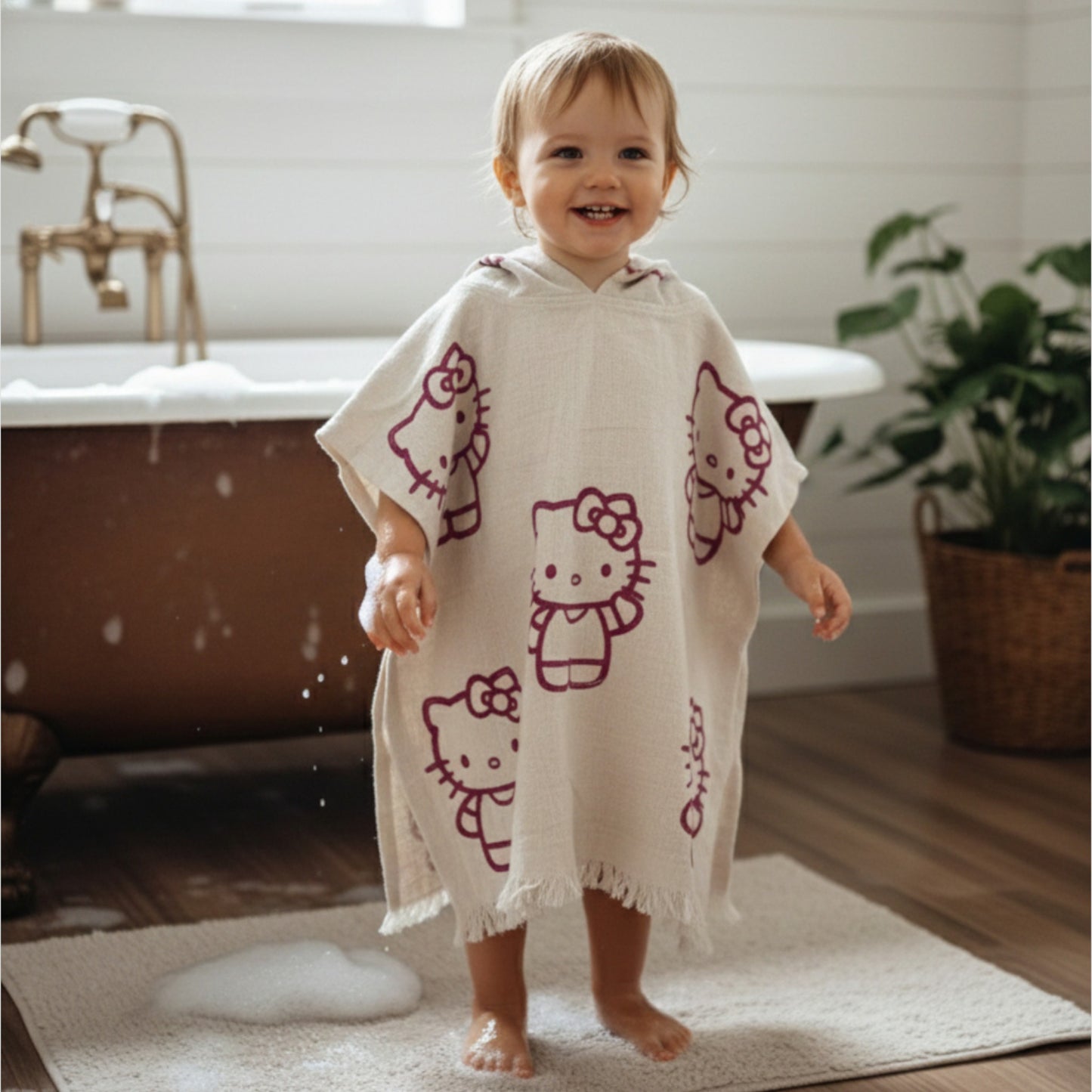 Handmade Natural Cotton Kids Poncho – Hello Kitty Design