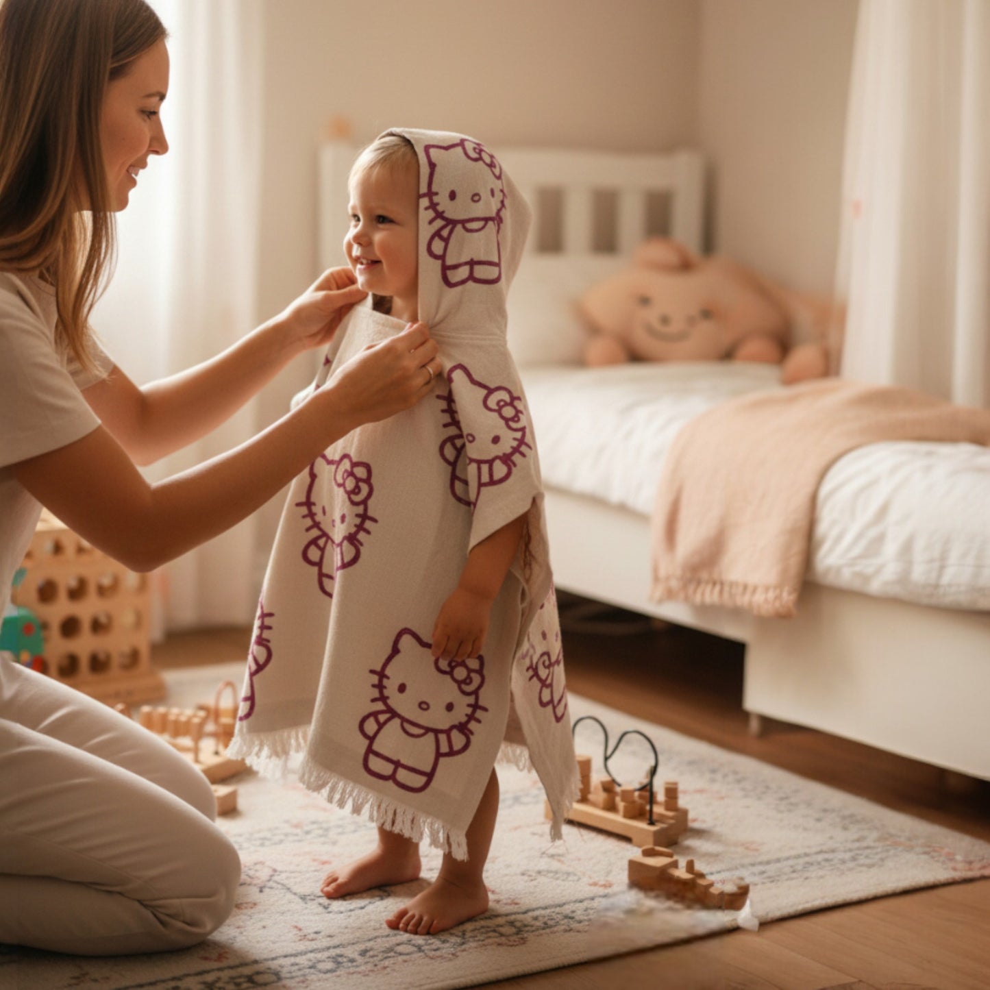 Handmade Natural Cotton Kids Poncho – Hello Kitty Design