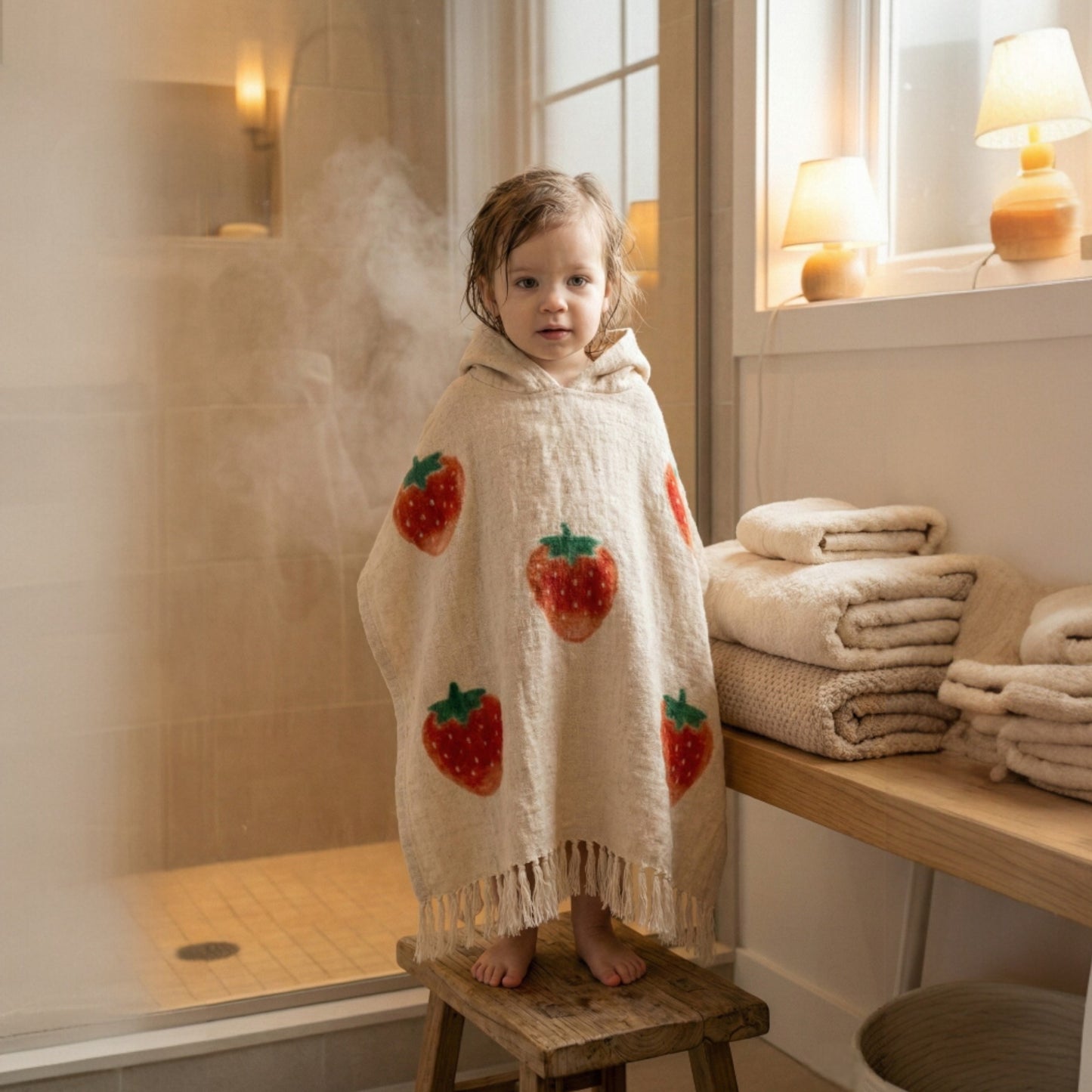 Child wearing a Handmade Natural Cotton Kids Poncho – Strawberry Design in a bathroom setting