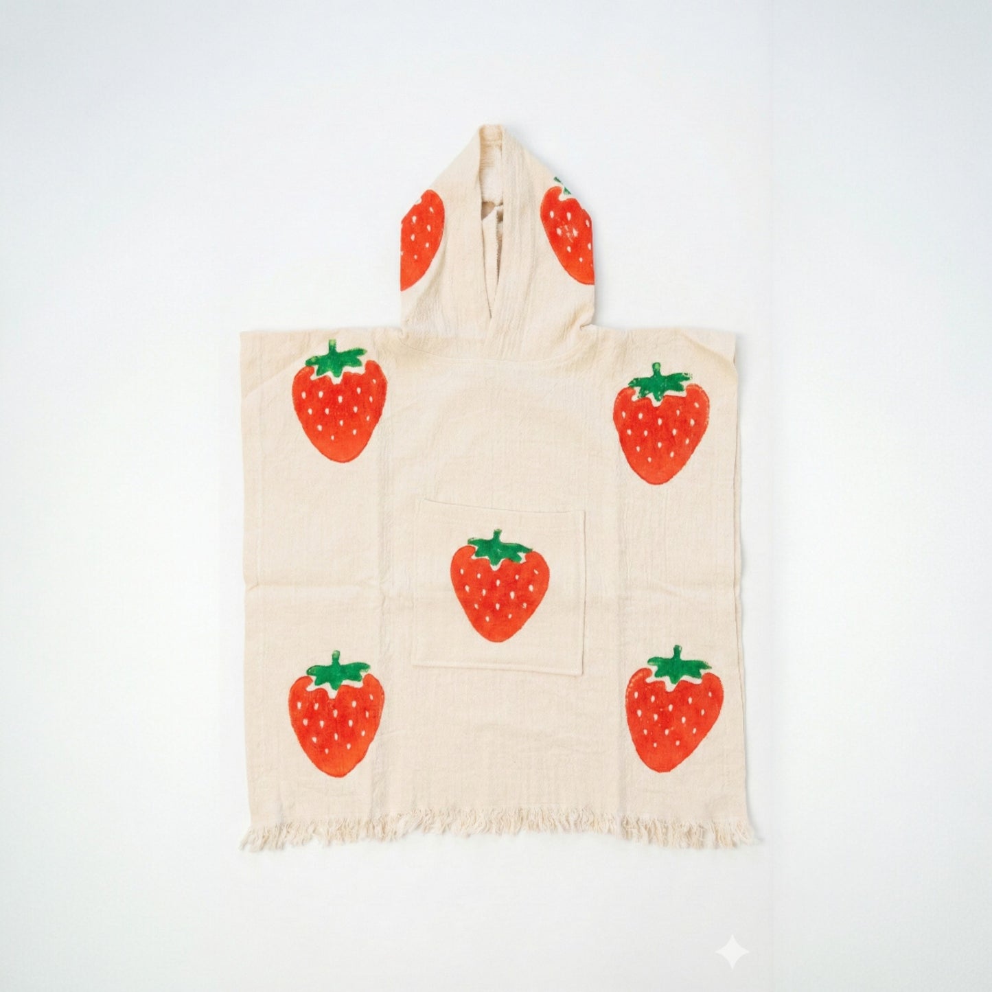 Handmade Natural Cotton Kids Poncho – Strawberry Design on a white background