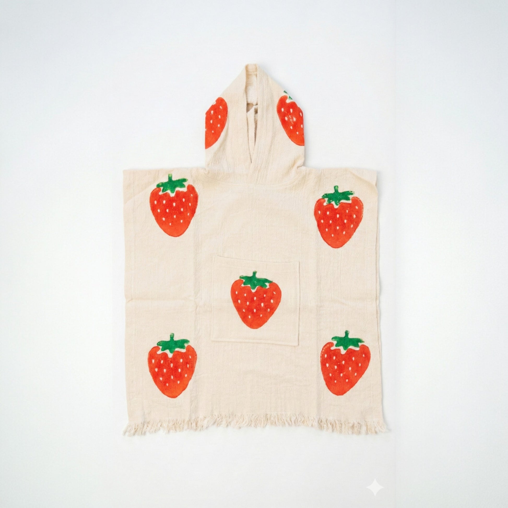 Handmade Natural Cotton Kids Poncho – Strawberry Design on a white background