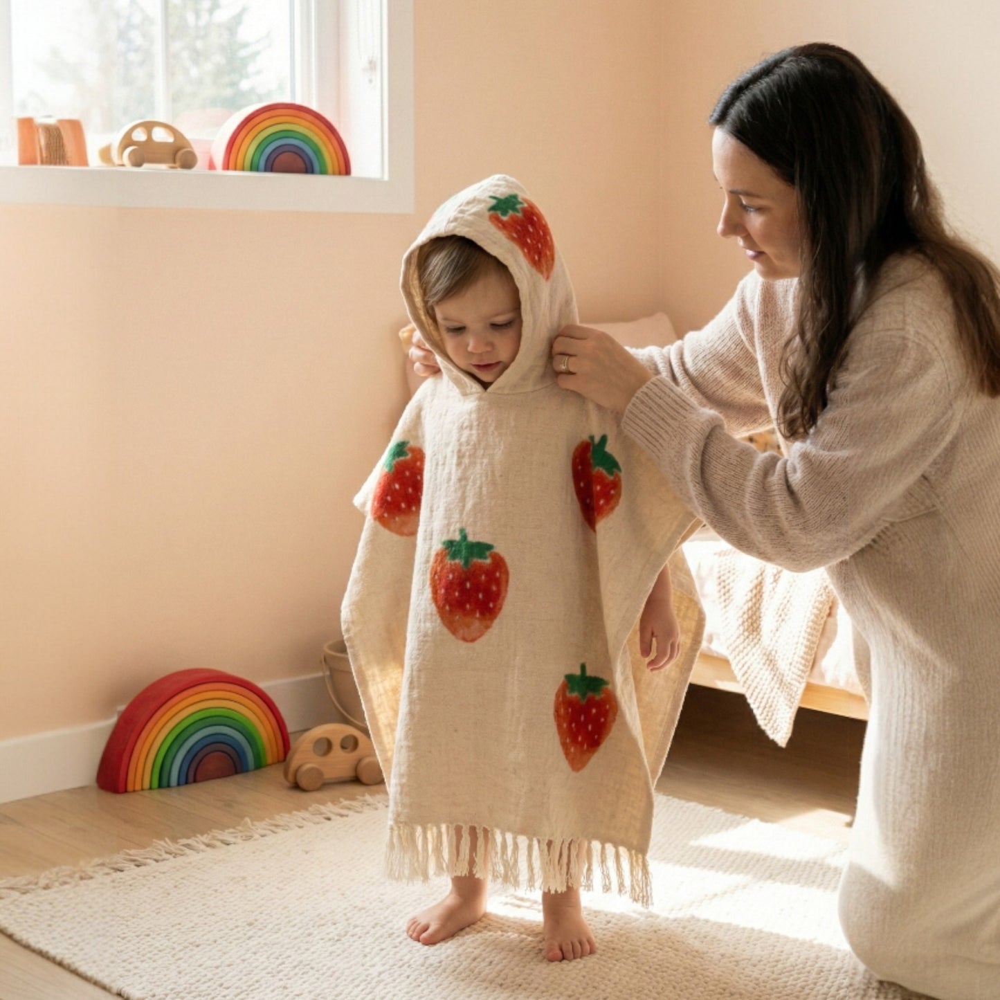 Woman helping a child wear a Handmade Natural Cotton Kids Poncho – Strawberry Design in a bright room.