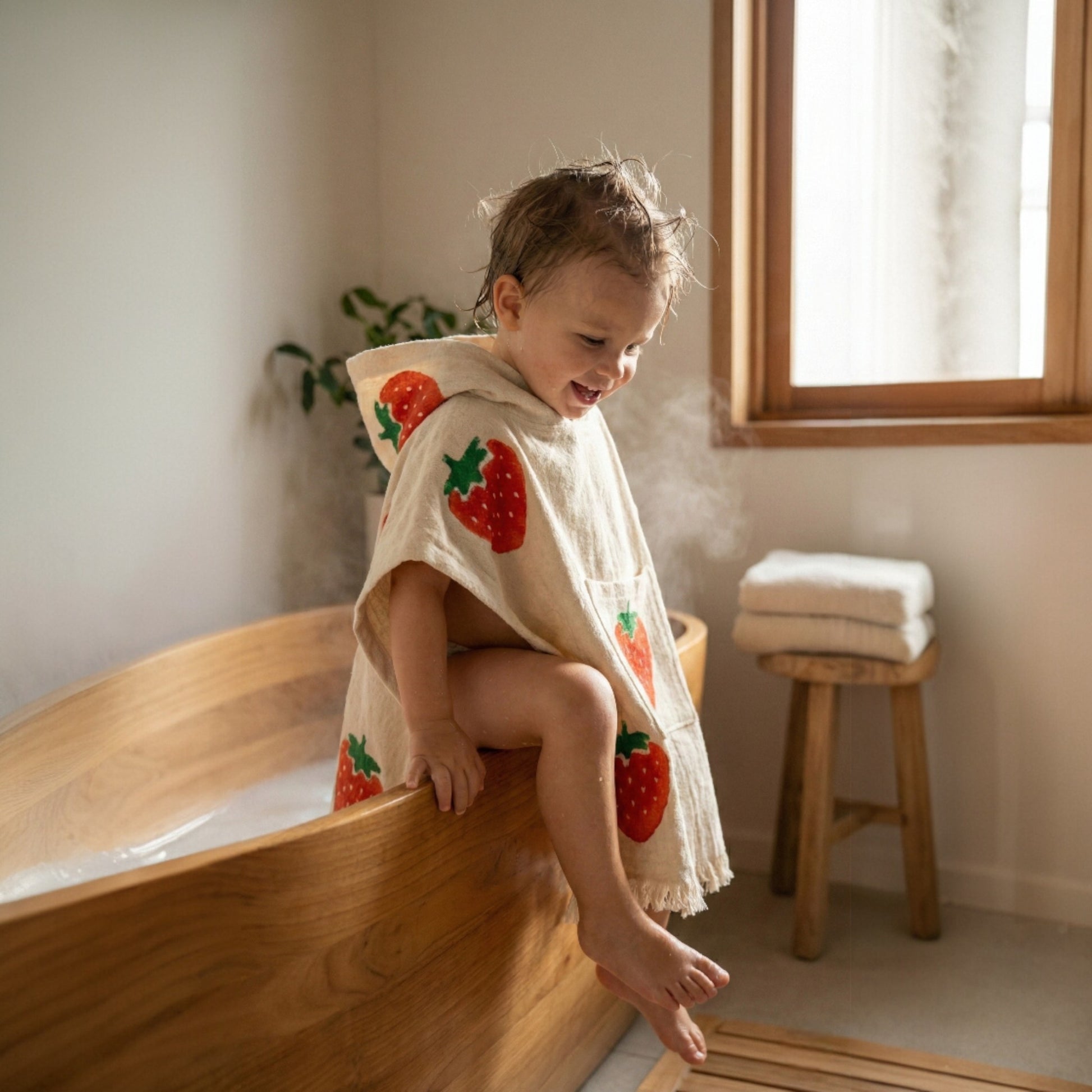 Child wearing a Handmade Natural Cotton Kids Poncho – Strawberry Design sitting on a wooden step.