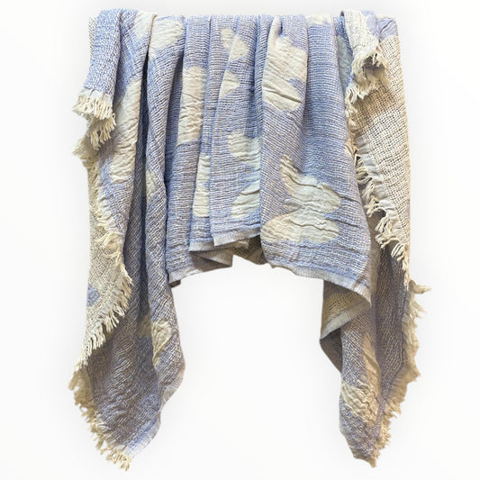Handmade handwoven natural cotton muslin Turkish towel in blue with white butterfly design