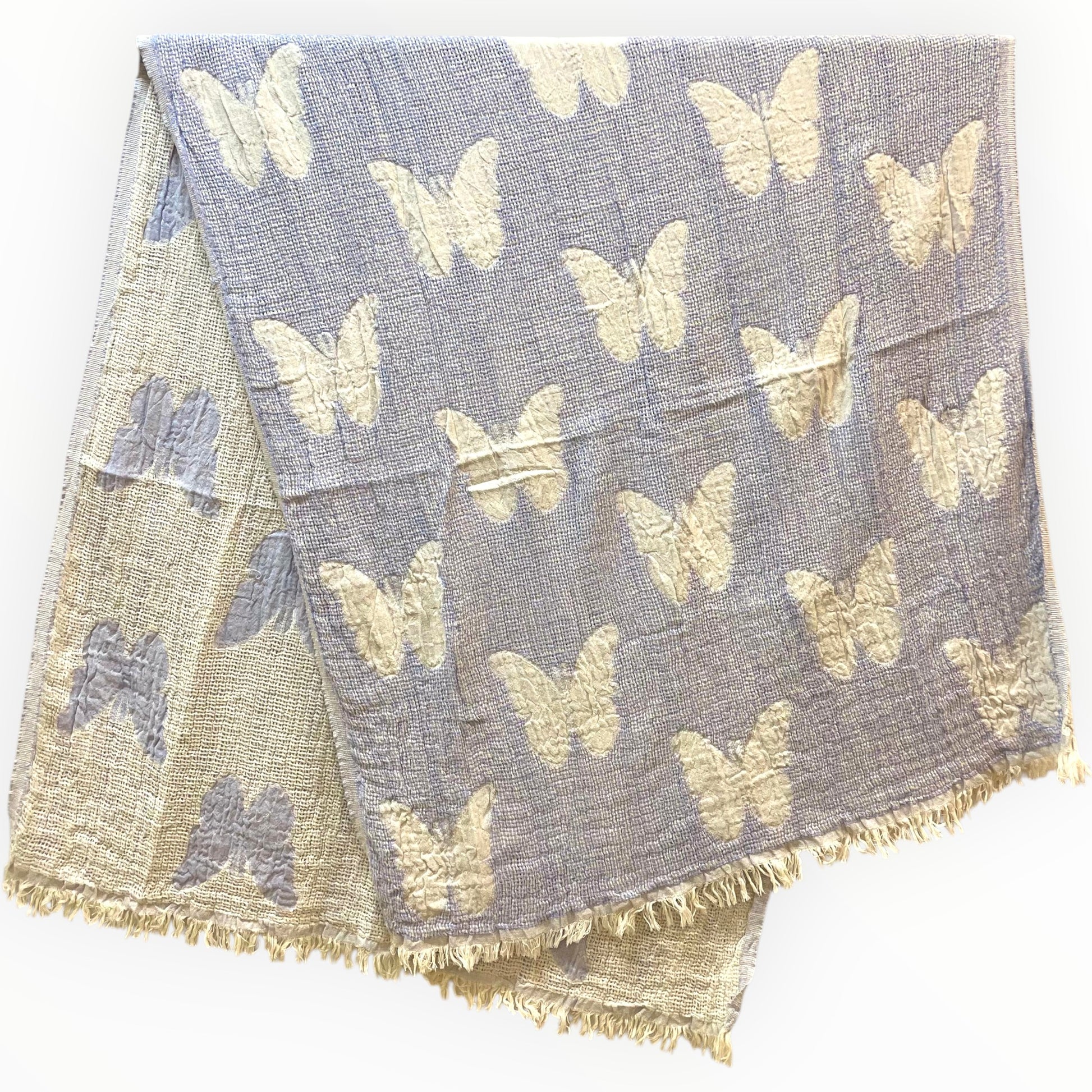 Handmade handwoven natural cotton muslin Turkish towel in blue with white butterfly design