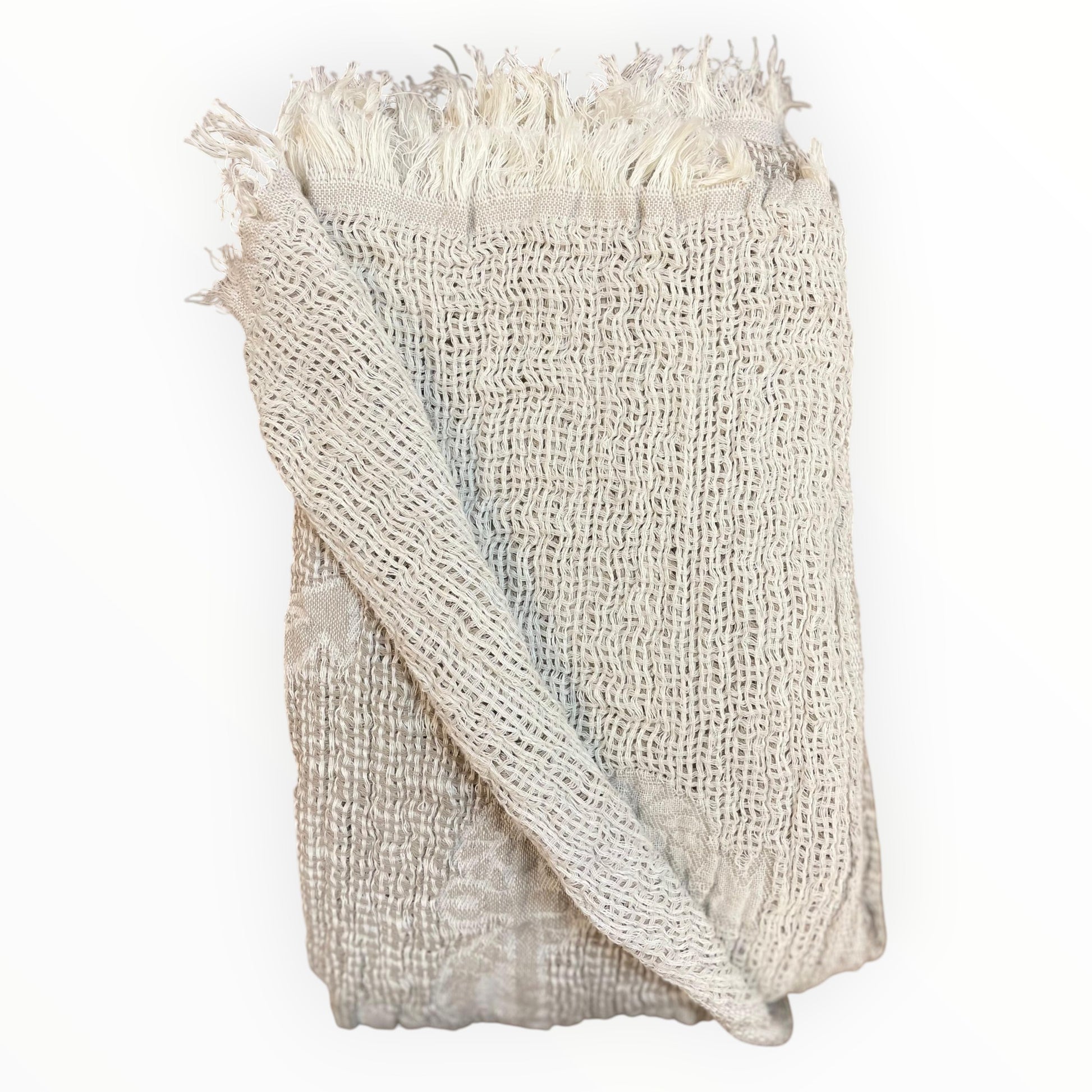 Handmade handwoven natural cotton muslin Turkish towel in brown with marine-inspired sailboat and anchor patterns