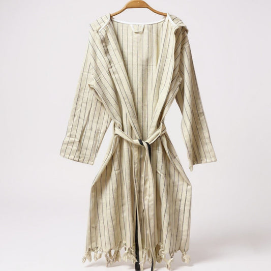 Handmade Natural Cotton Turkish Towel Pestemal Bathrobe – Ecru Stripe (Unisex)