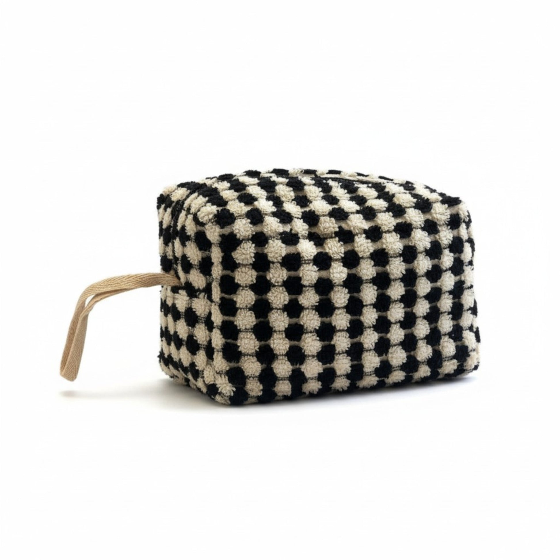 Black and white checkered Handmade travel makeup pouch with natural cotton dotted texture with a beige strap on a white background