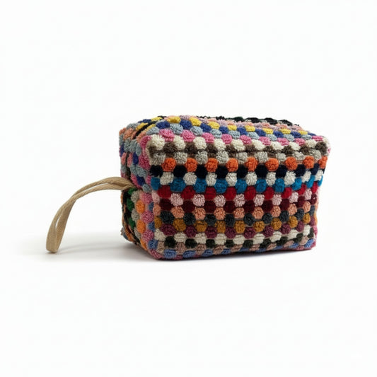 Handmade travel makeup pouch with natural cotton dotted texture
