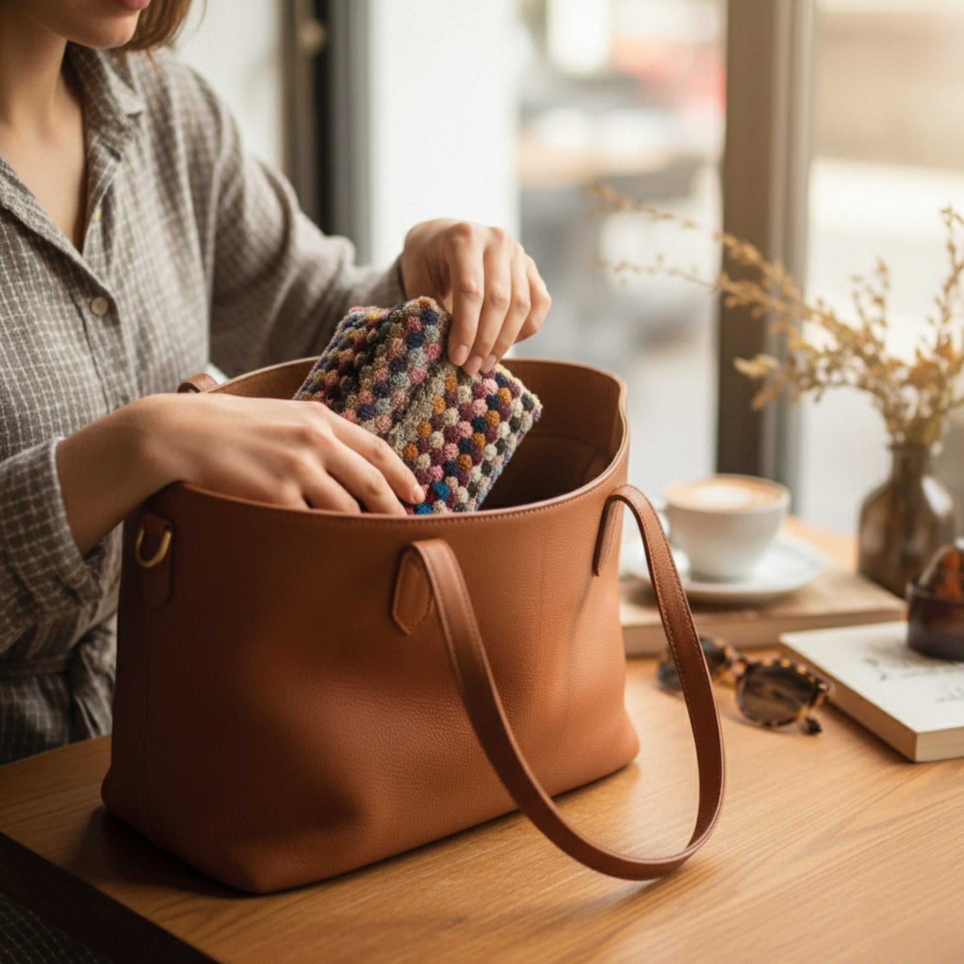 Person reaching into a brown leather handbag with a colorful Handmade travel makeup pouch with natural cotton dotted texture inside, sitting at a table.