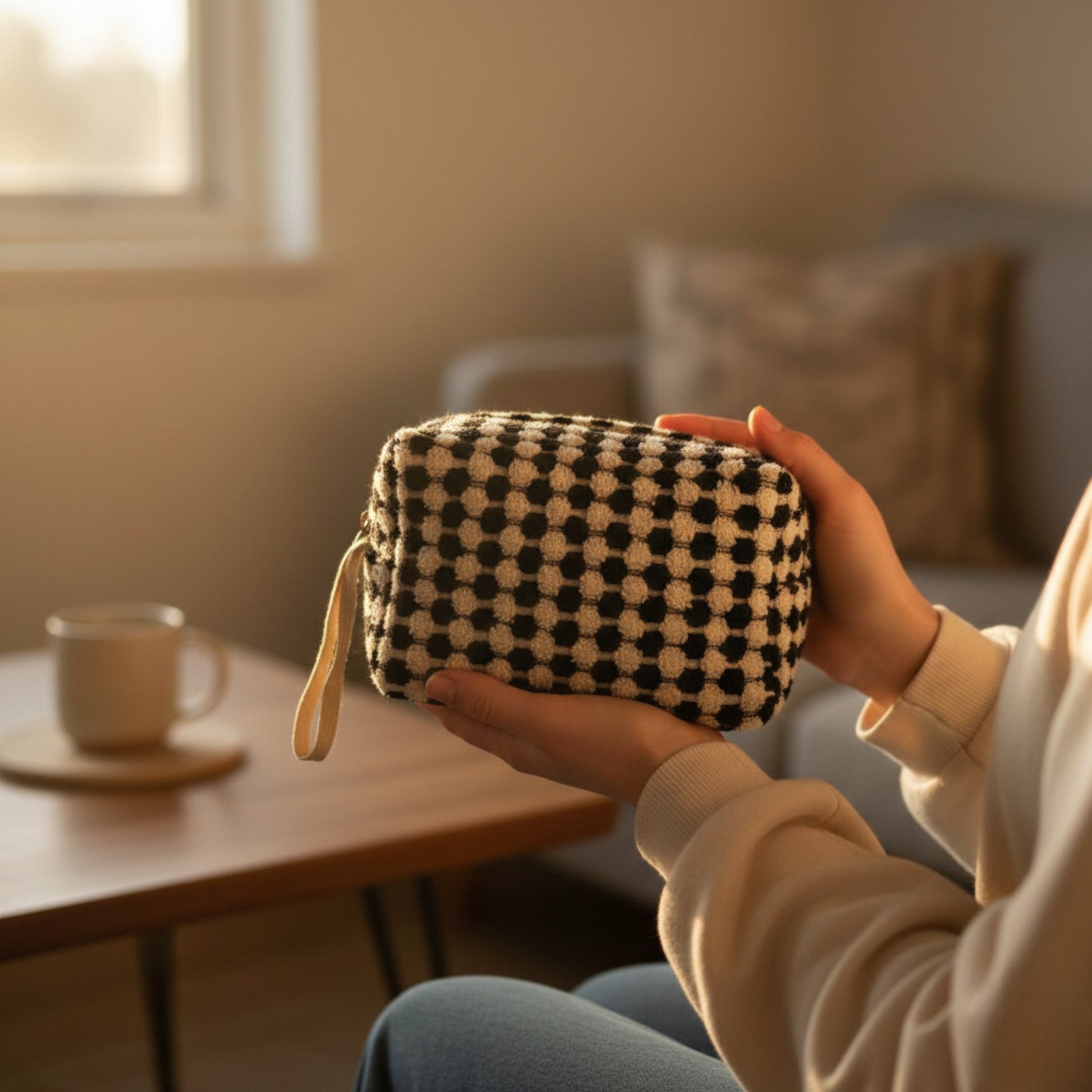 Person holding a black and white checkered Handmade travel makeup pouch with natural cotton dotted texture in a cozy indoor setting with a cup on a table.