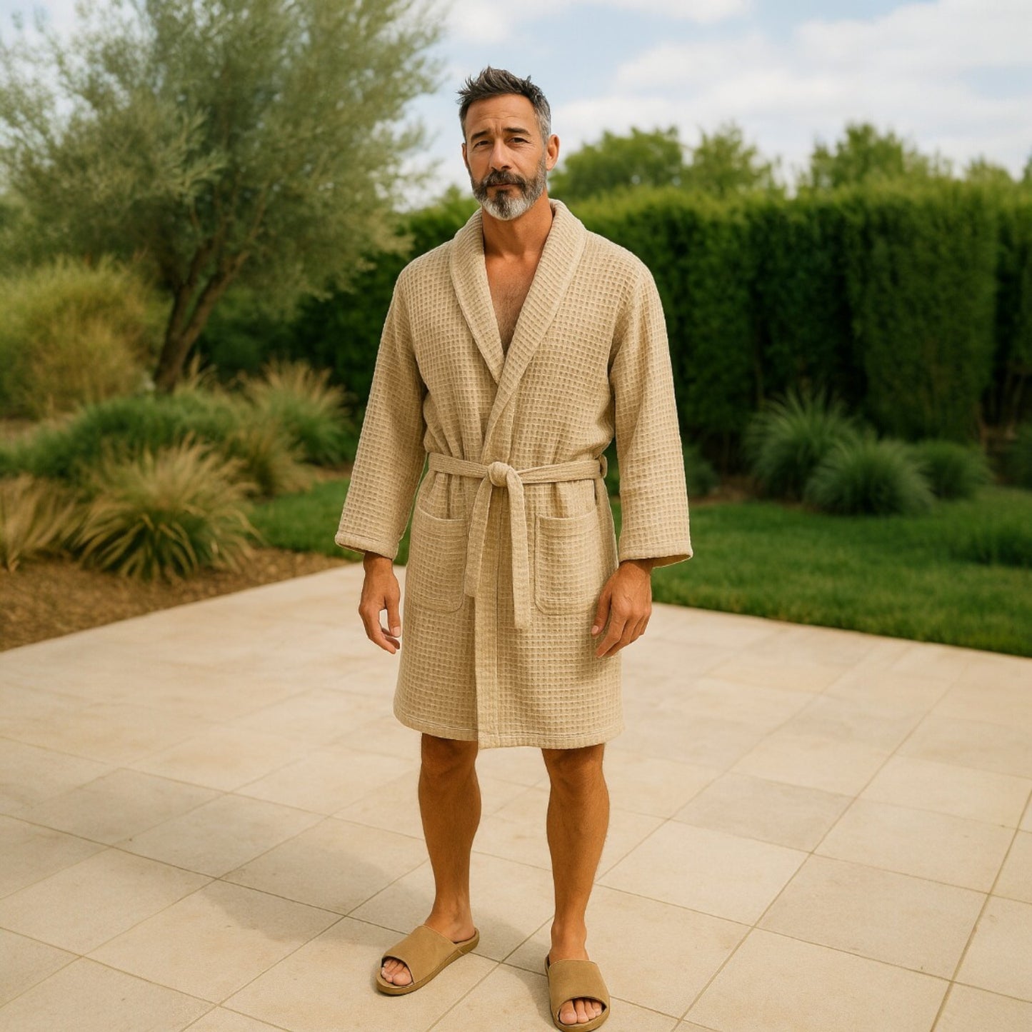 Man wearing Handmade handwoven waffle design Turkish towel men’s bathrobe in beige and grey, ultra-lightweight and absorbent standing outdoors on a patio with greenery in the background