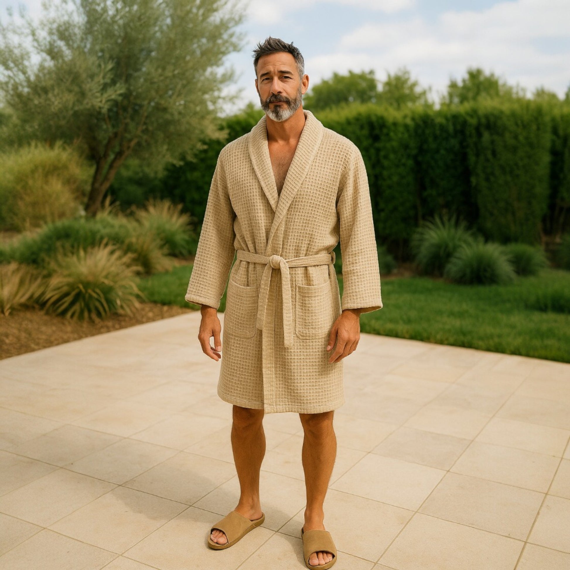 Man wearing Handmade handwoven waffle design Turkish towel men’s bathrobe in beige and grey, ultra-lightweight and absorbent standing outdoors on a patio with greenery in the background