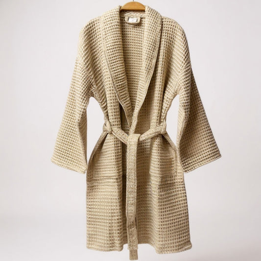 Handmade Waffle Weave Turkish Towel Men’s Bathrobe – Beige & Grey
