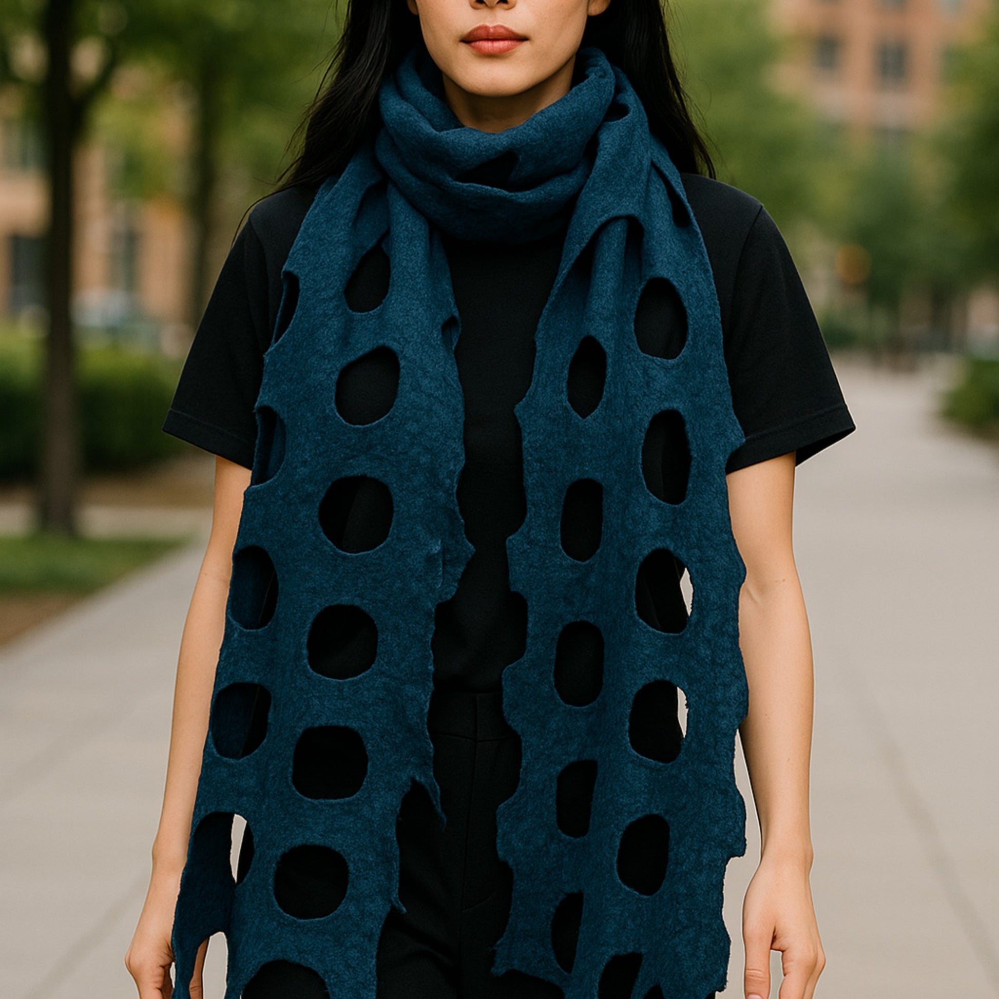 Person wearing a Handmade felted wool shawl/scarf in Indigo Blue, displayed on a mannequin with cut-out design, soft textured fabric, 35x95 cm 