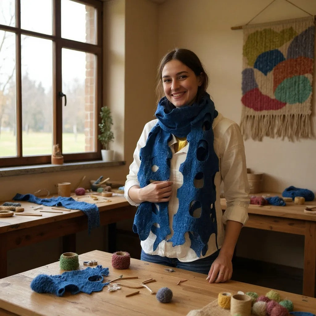An artisan woman making hand felted wool scarf indigo blur at her workshop.