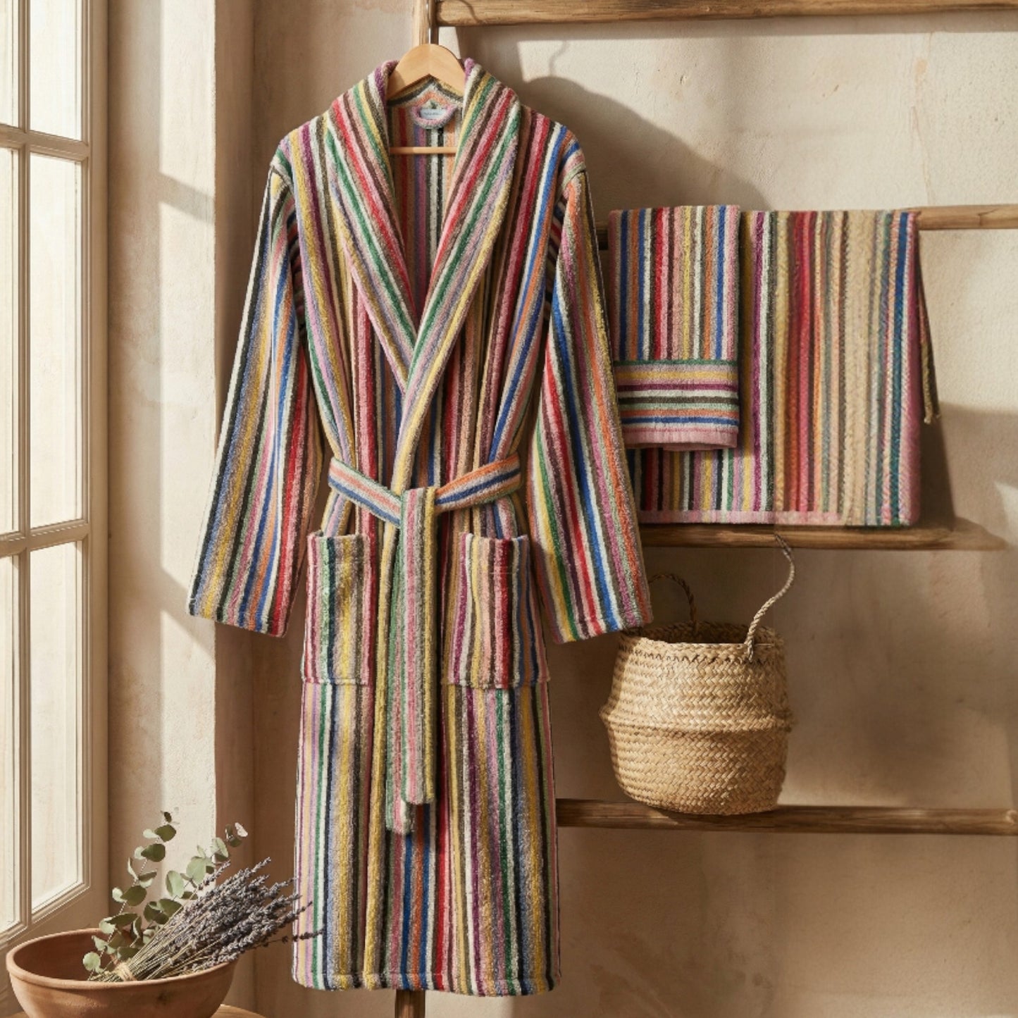 Handwoven Turkish Terry Bathrobe — Multi Color Stripe Design Shawl Collar