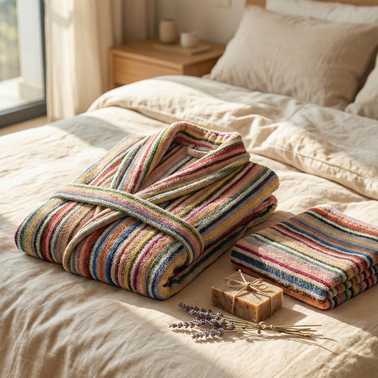 Handwoven Turkish Terry Bathrobe — Multi Color Stripe Design Shawl Collar