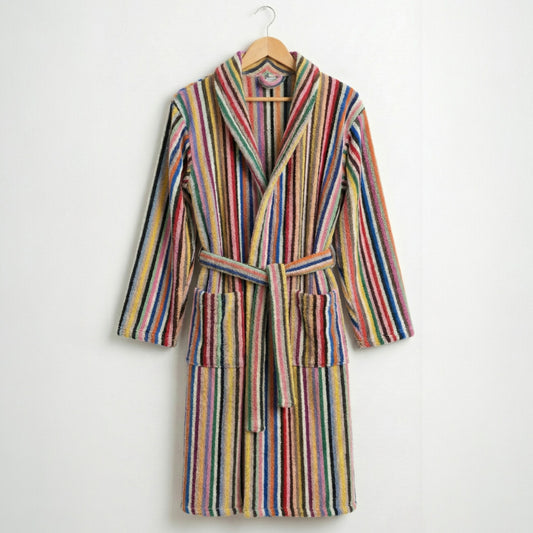 Handwoven Hooded Turkish Terry Bathrobe — Multi Color Stripe Design Shawl Collar