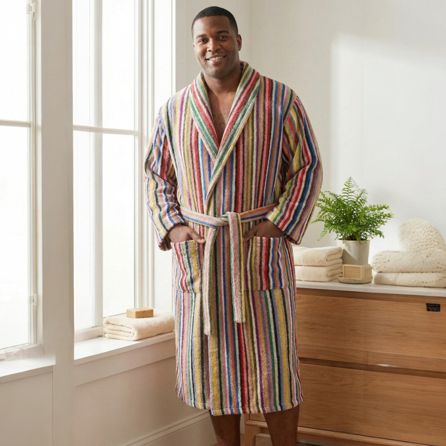 Handwoven Turkish Terry Bathrobe — Multi Color Stripe Design Shawl Collar