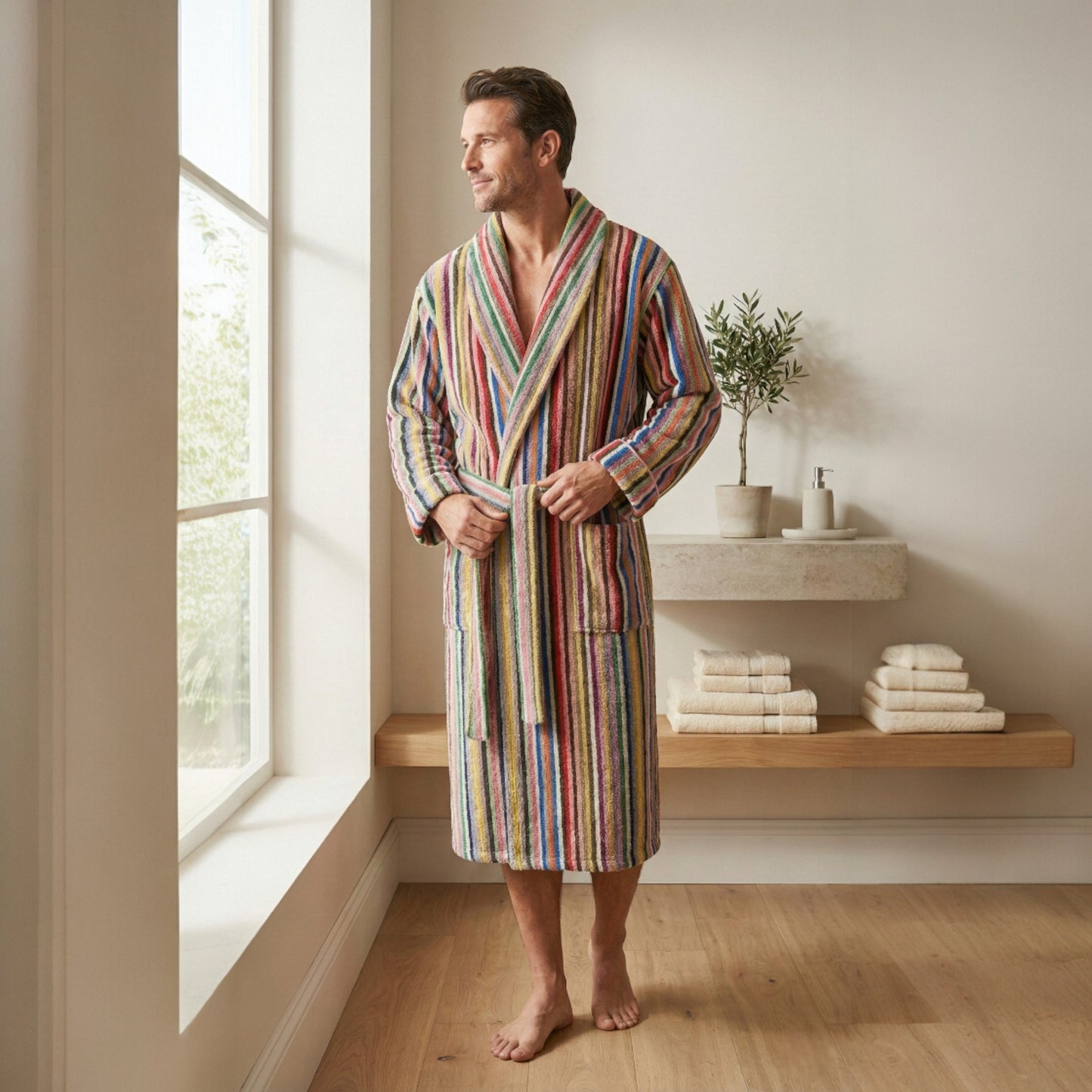 Handwoven Turkish Terry Bathrobe — Multi Color Stripe Design Shawl Collar