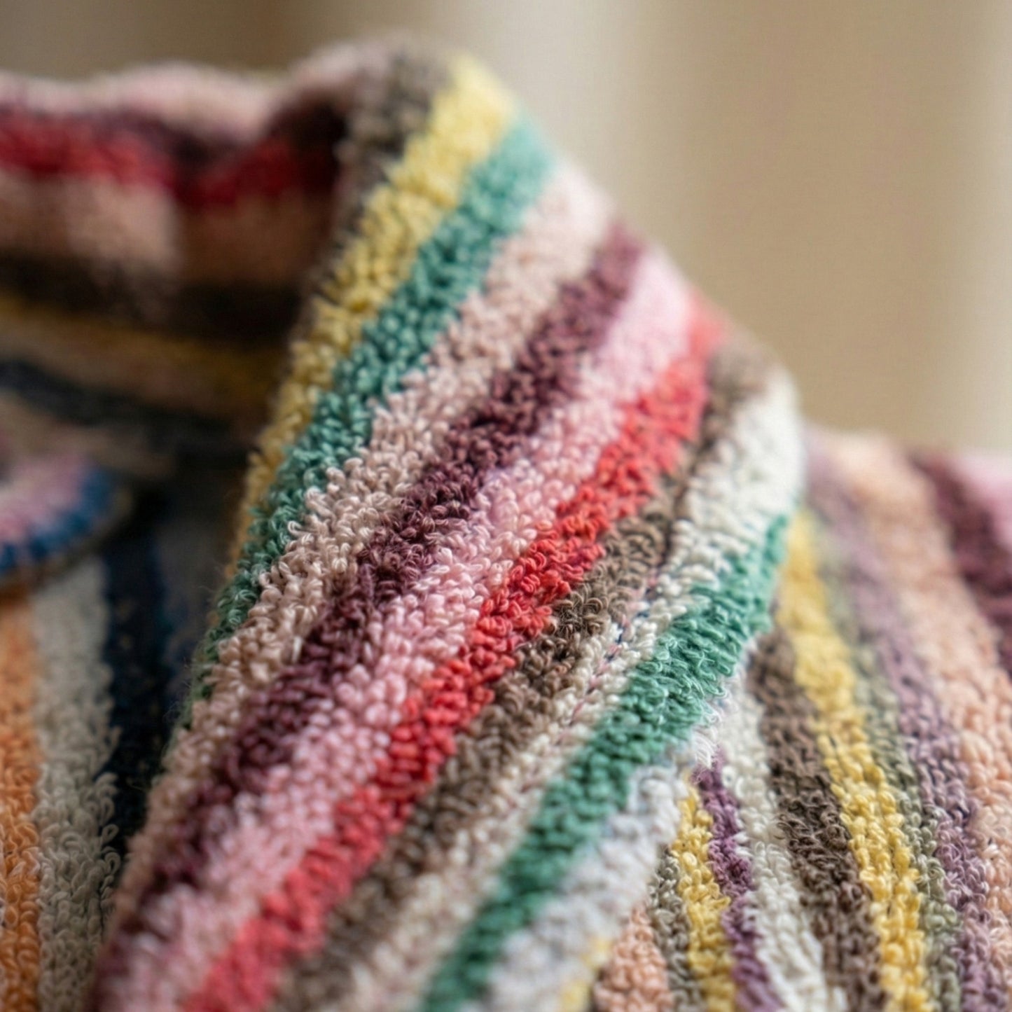 Handwoven Turkish Terry Bathrobe — Multi Color Stripe Design Shawl Collar