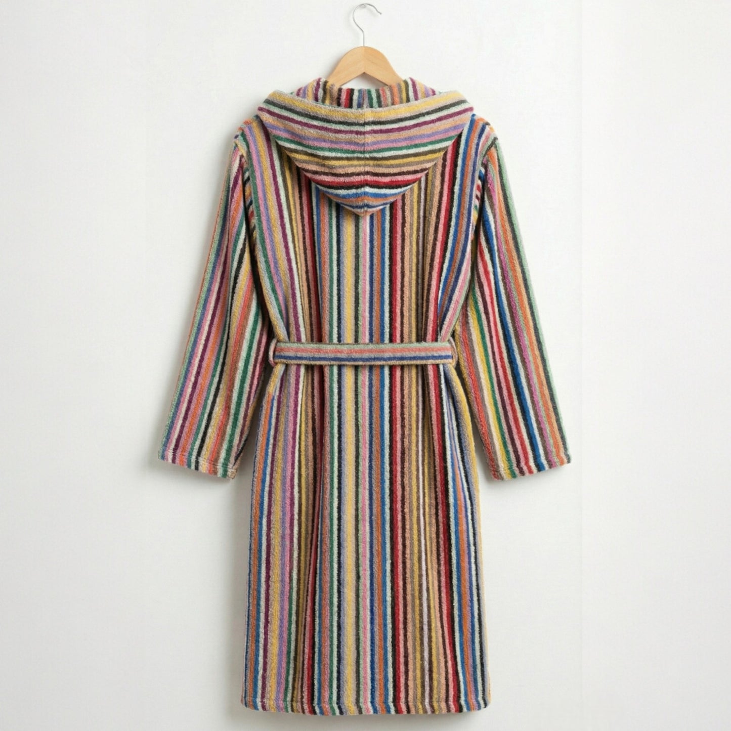 Handwoven Hooded Turkish Terry Bathrobe — Multi Color Stripe Design Hooded