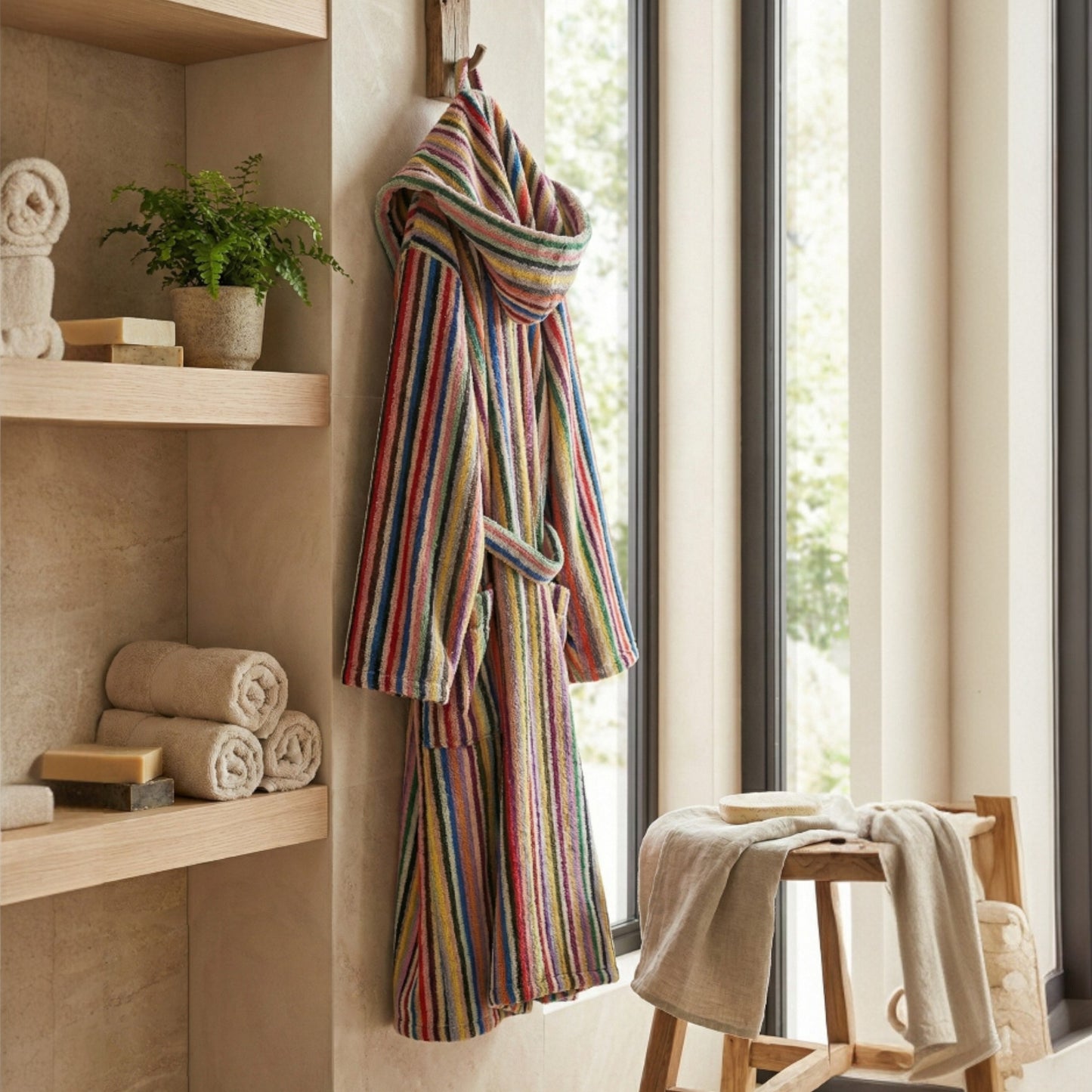Handwoven Hooded Turkish Terry Bathrobe — Multi Color Stripe Design Hooded