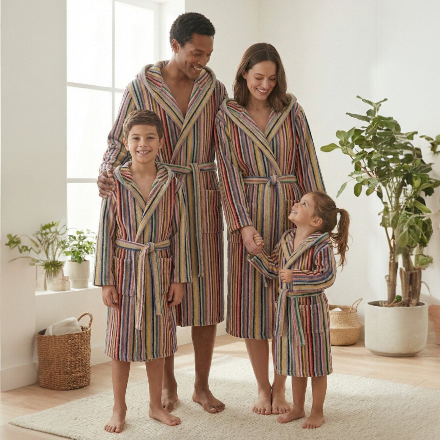 Handwoven Hooded Turkish Terry Bathrobe — Multi Color Stripe Design Hooded