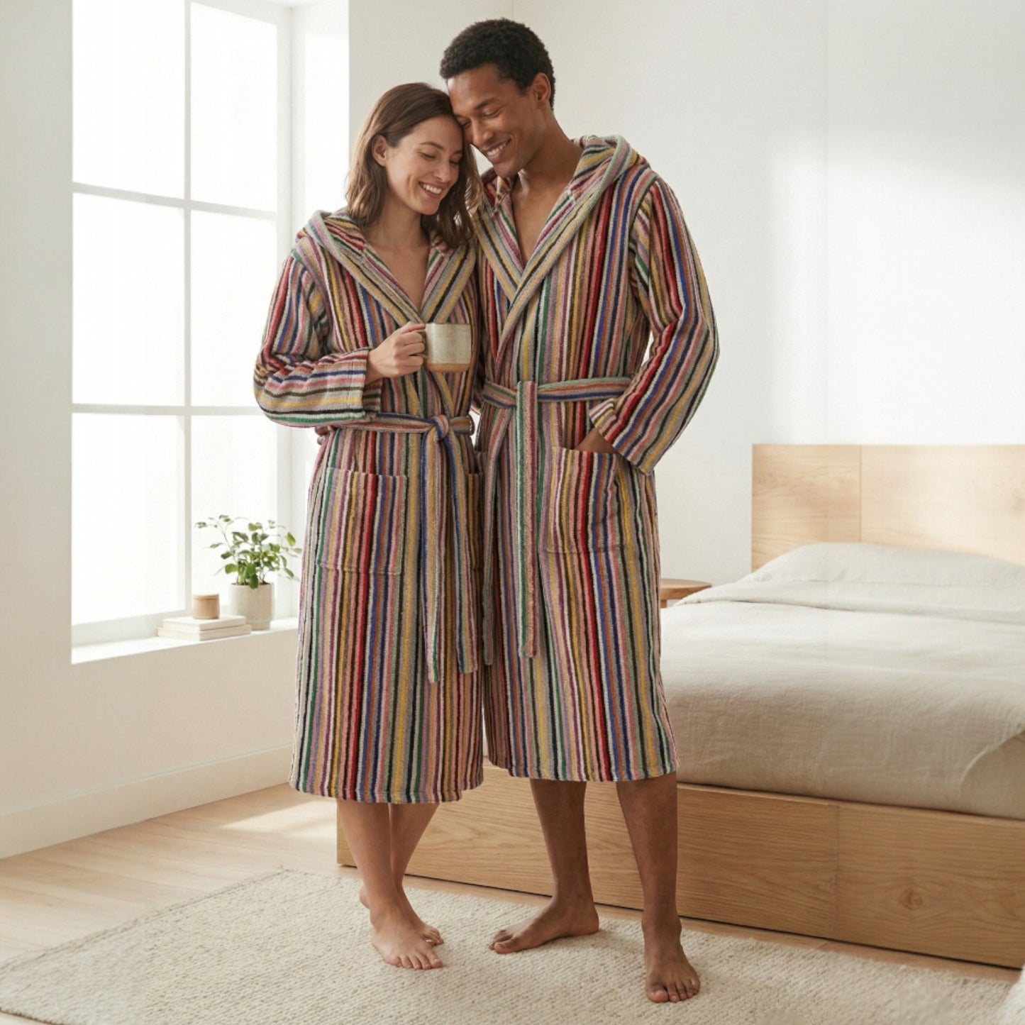 Handwoven Hooded Turkish Terry Bathrobe — Multi Color Stripe Design Hooded