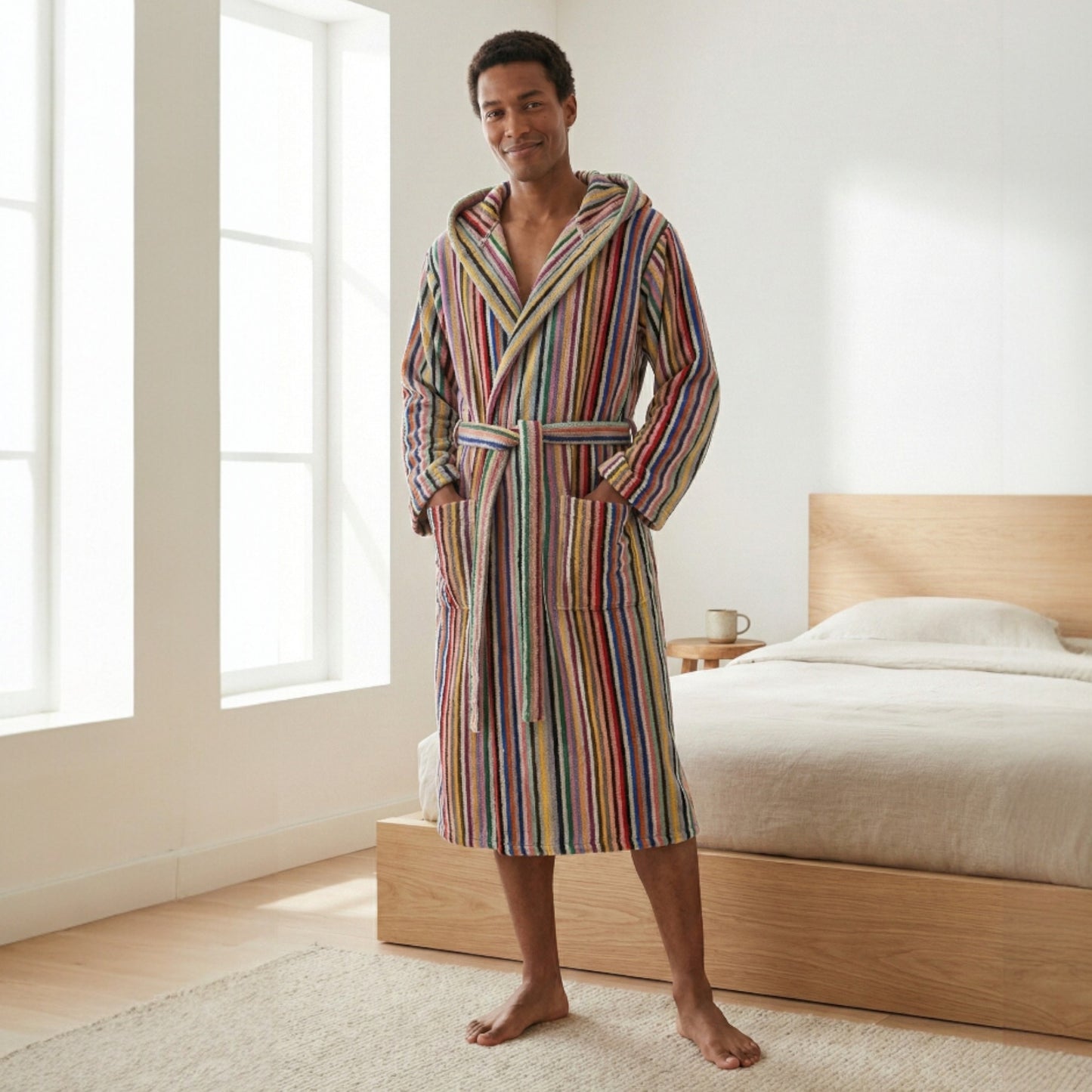 Handwoven Hooded Turkish Terry Bathrobe — Multi Color Stripe Design Hooded