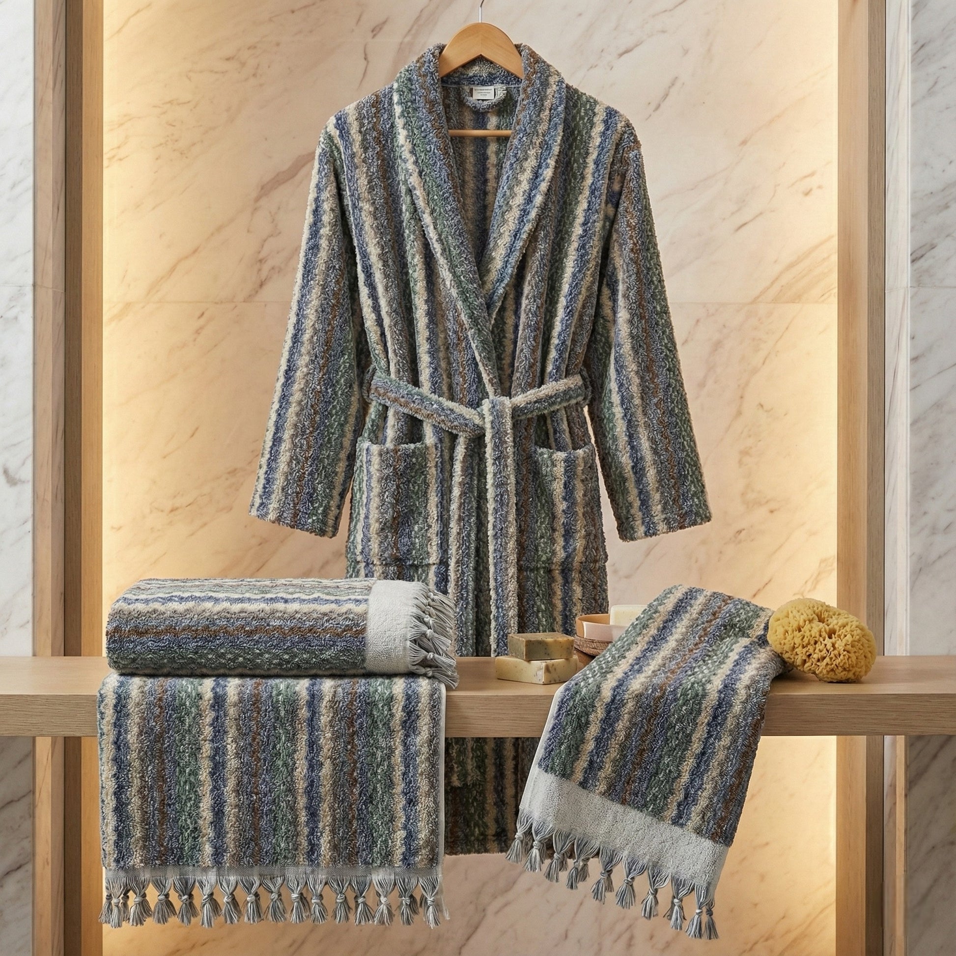 Striped robe and Handwoven Natural Turkish Cotton Terry Hand Towels Zigzag Pattern on a wooden bench against a marble wall