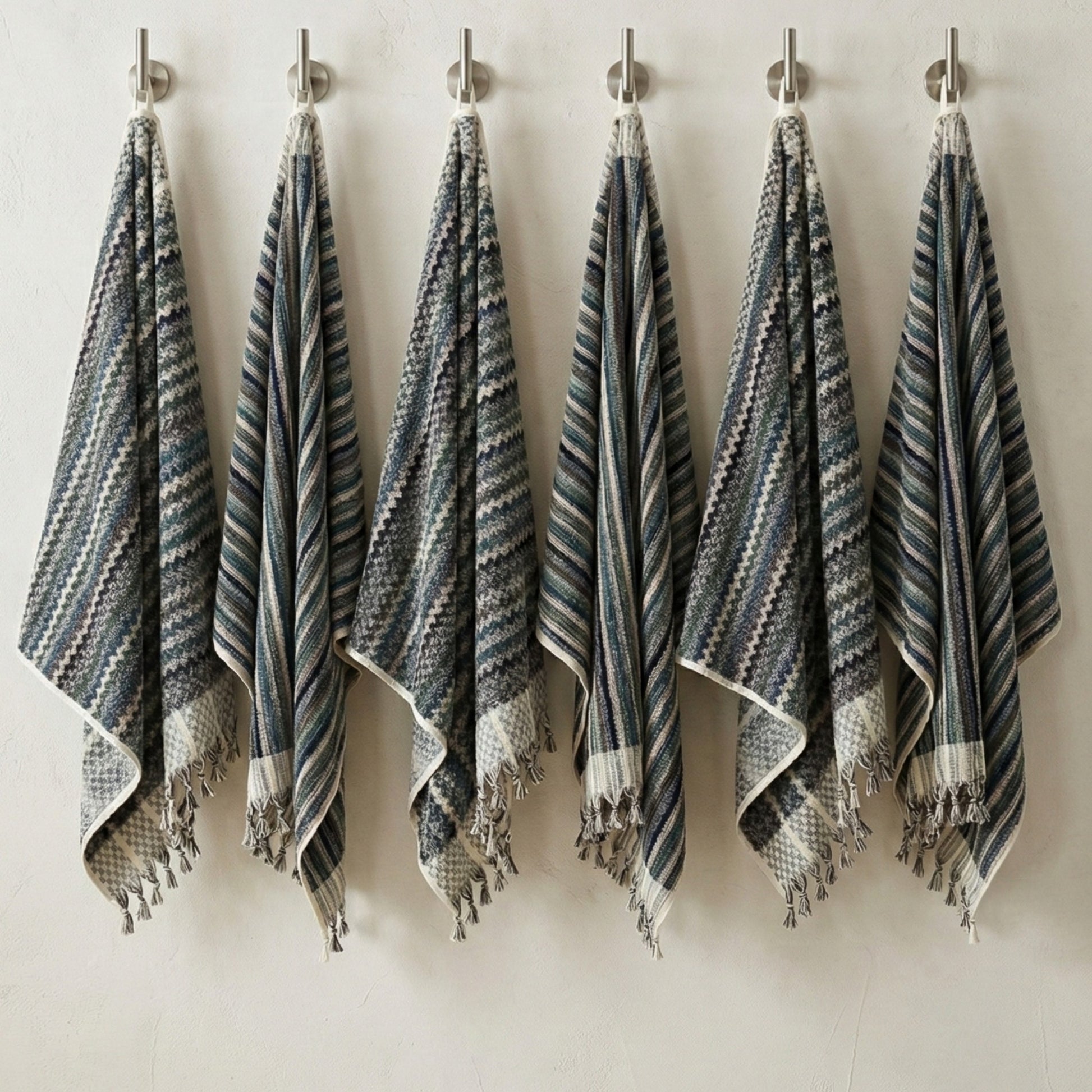 Set of six patterned Handwoven Natural Turkish Cotton Terry Hand Towel Zigzag Pattern hanging on hooks against a white wall.