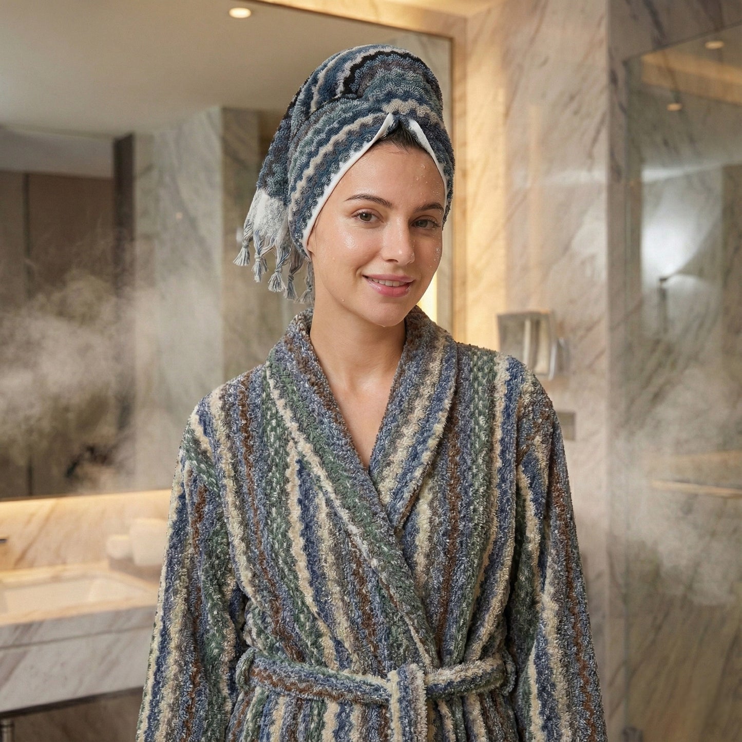 Woman wearing a patterned robe and Handwoven Natural Turkish Cotton Terry Hand Towel Zigzag Pattern in a bathroom