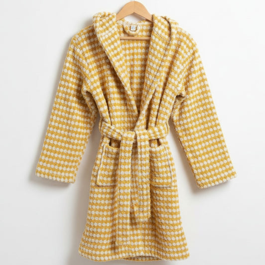 Handwoven Natural Turkish Cotton Terry Kids Bathrobe – PomPom Design Golden Yellow Hooded