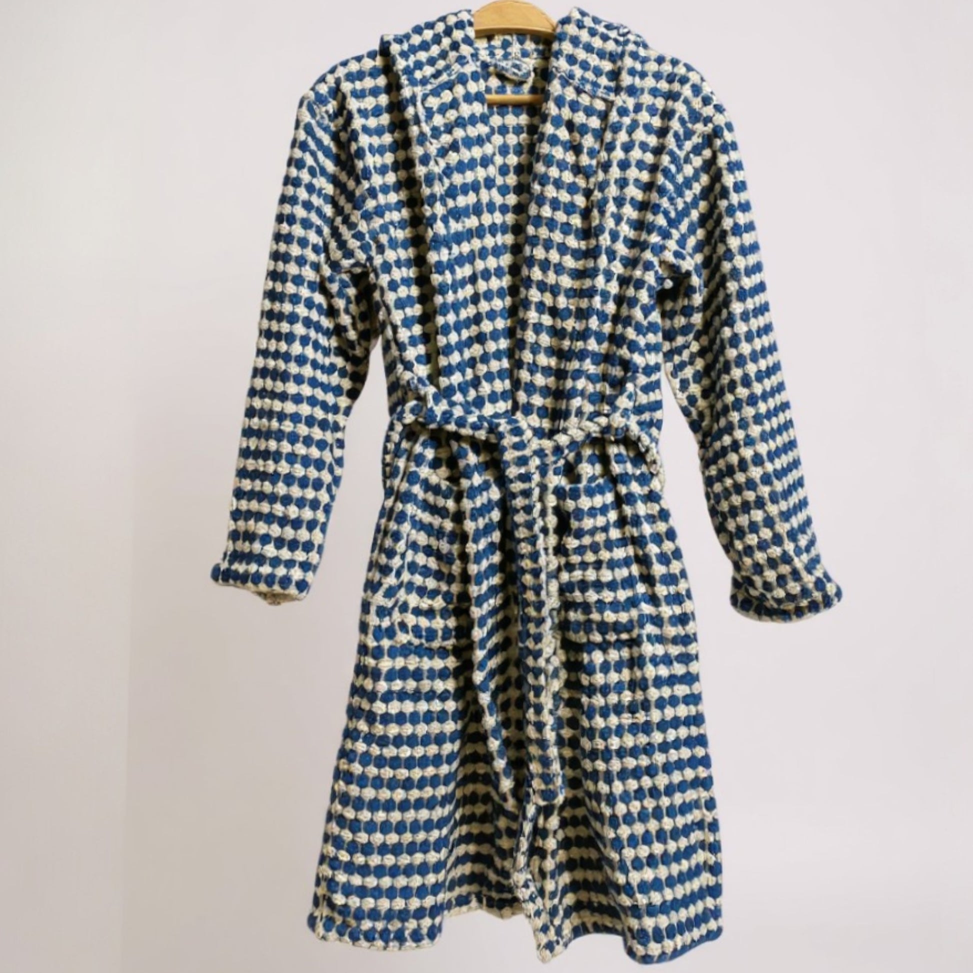 Handmade handwoven Turkish cotton indigo terry towel kids bathrobe with PomPom design, ultra-soft, absorbent, natural and safe for children